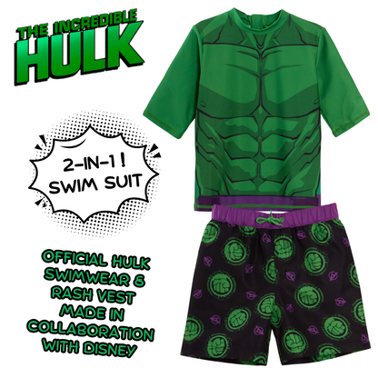 Incredible Hulk Swim Shorts + Rash Vest 2 Piece Swim Set Surf Top + Board Shorts
