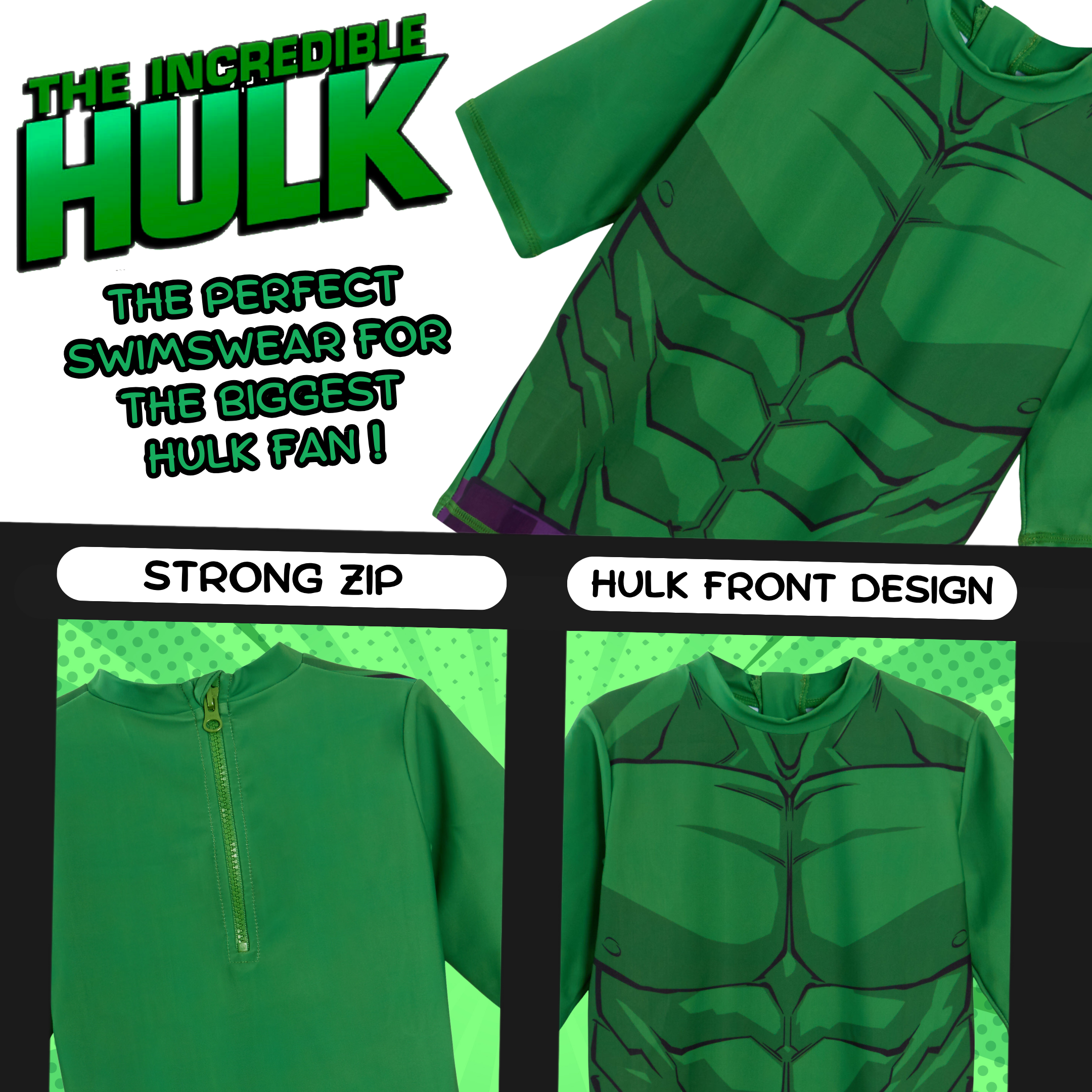 Incredible Hulk Swim Shorts + Rash Vest 2 Piece Swim Set Surf Top + Board Shorts