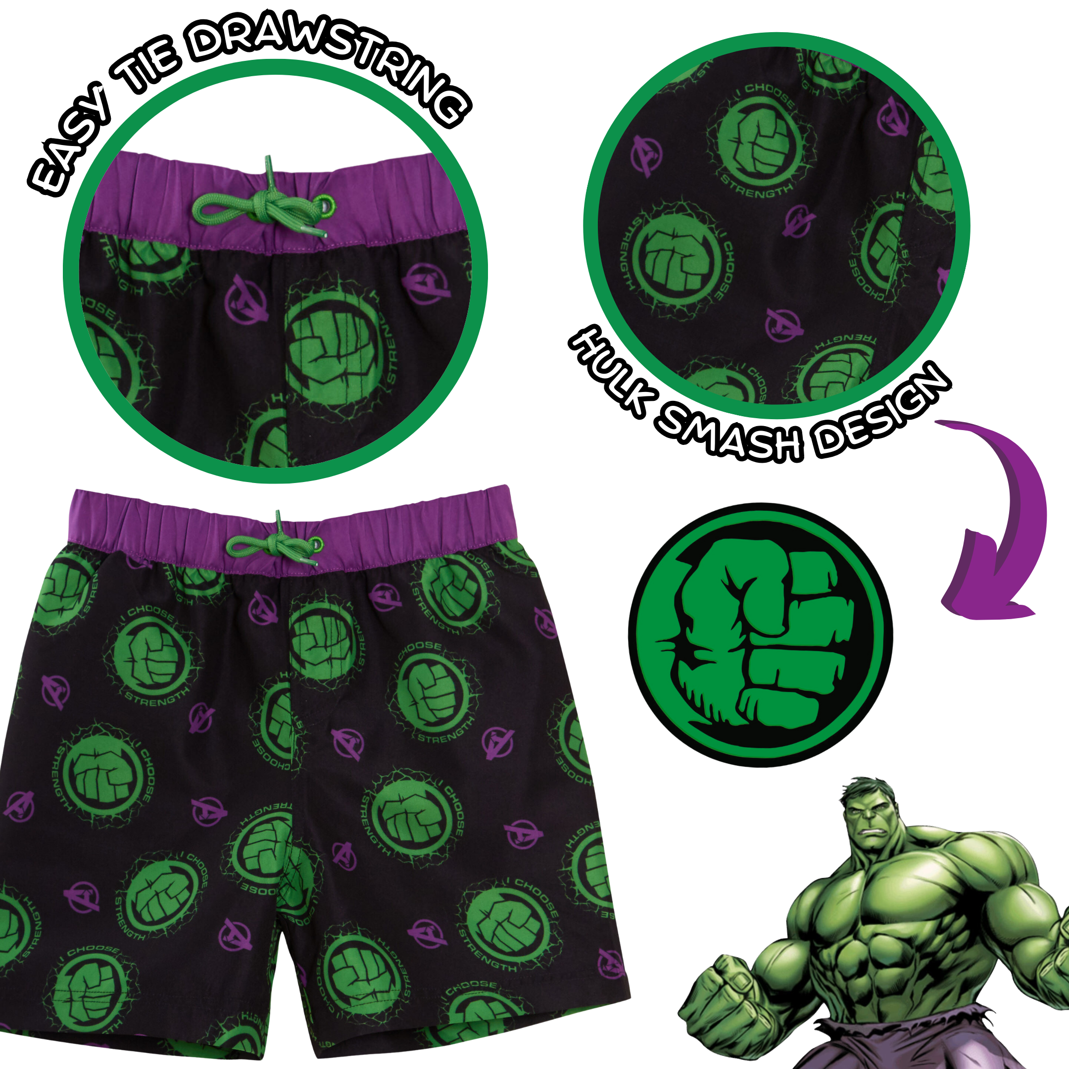 Incredible Hulk Swim Shorts + Rash Vest 2 Piece Swim Set Surf Top + Board Shorts