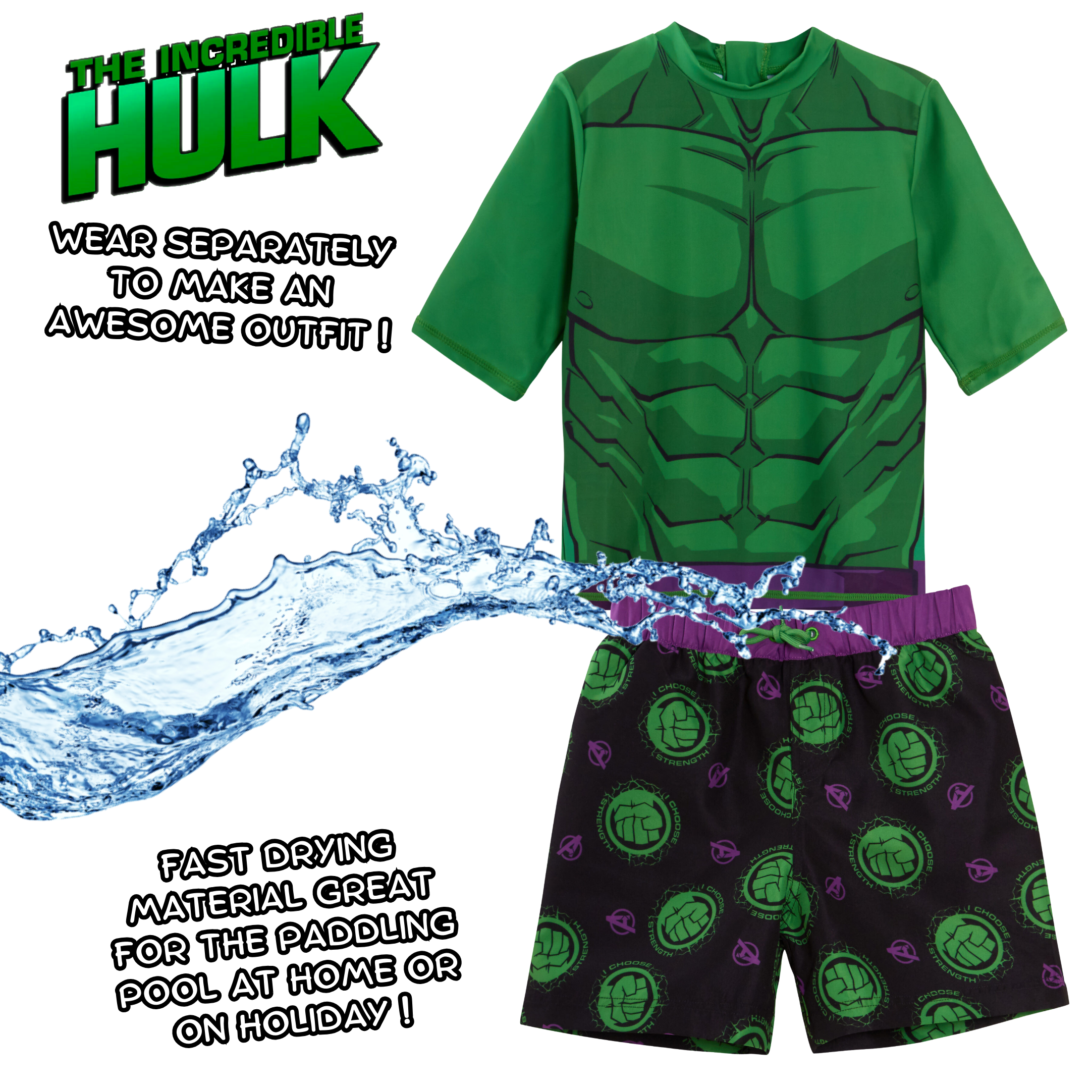 Incredible Hulk Swim Shorts + Rash Vest 2 Piece Swim Set Surf Top + Board Shorts