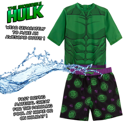 Incredible Hulk Swim Shorts + Rash Vest 2 Piece Swim Set Surf Top + Board Shorts