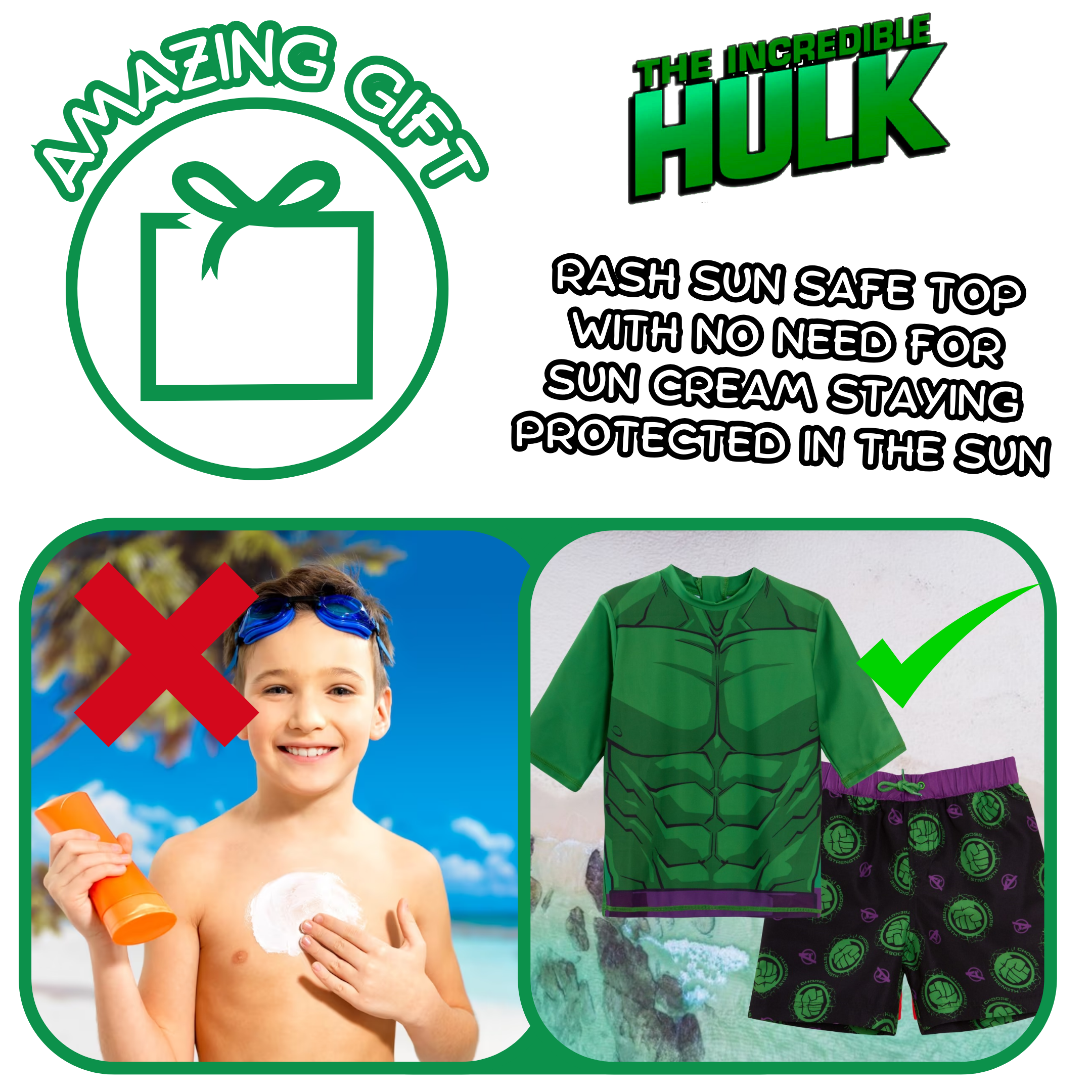 Incredible Hulk Swim Shorts + Rash Vest 2 Piece Swim Set Surf Top + Board Shorts