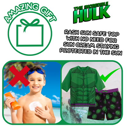 Incredible Hulk Swim Shorts + Rash Vest 2 Piece Swim Set Surf Top + Board Shorts