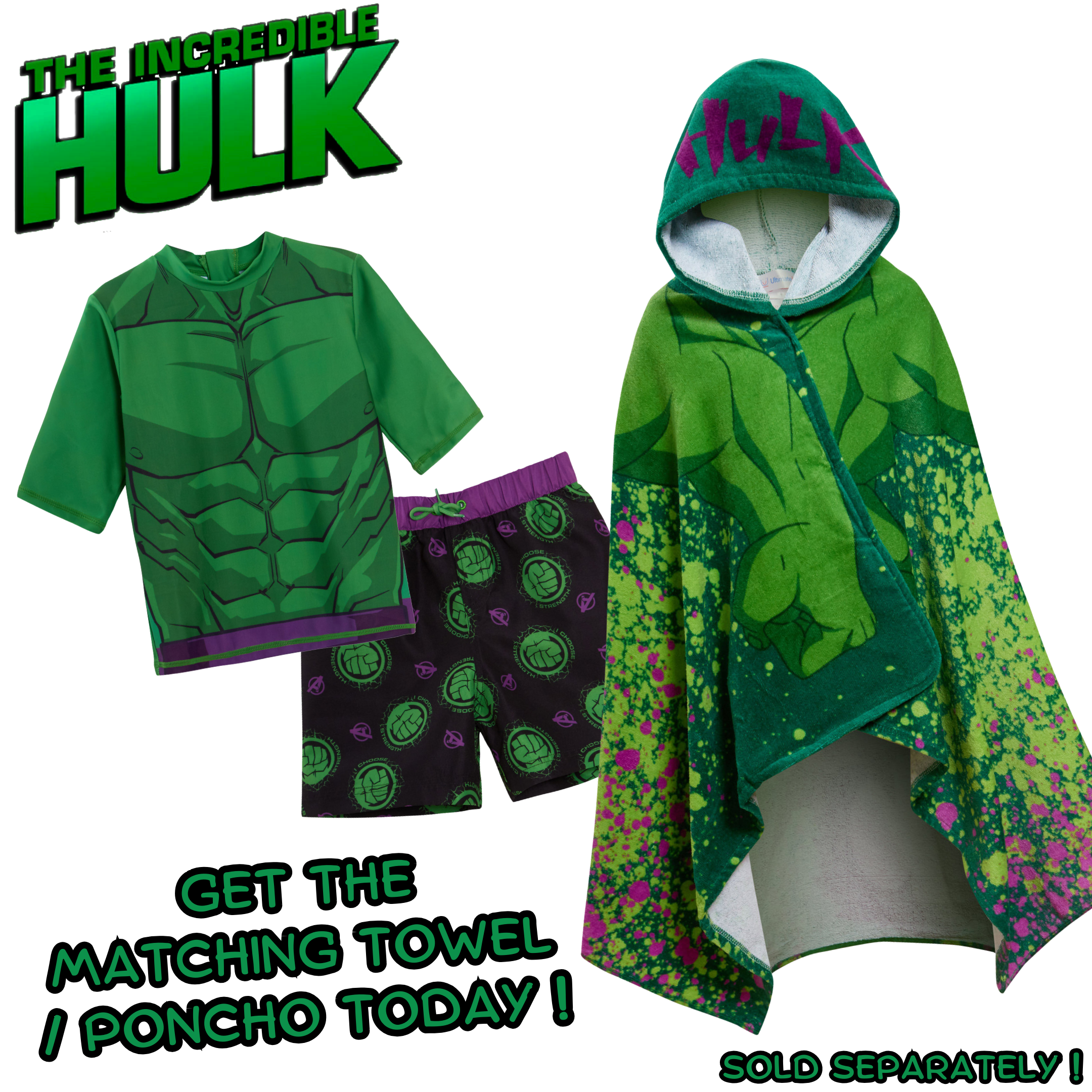 Incredible Hulk Swim Shorts + Rash Vest 2 Piece Swim Set Surf Top + Board Shorts