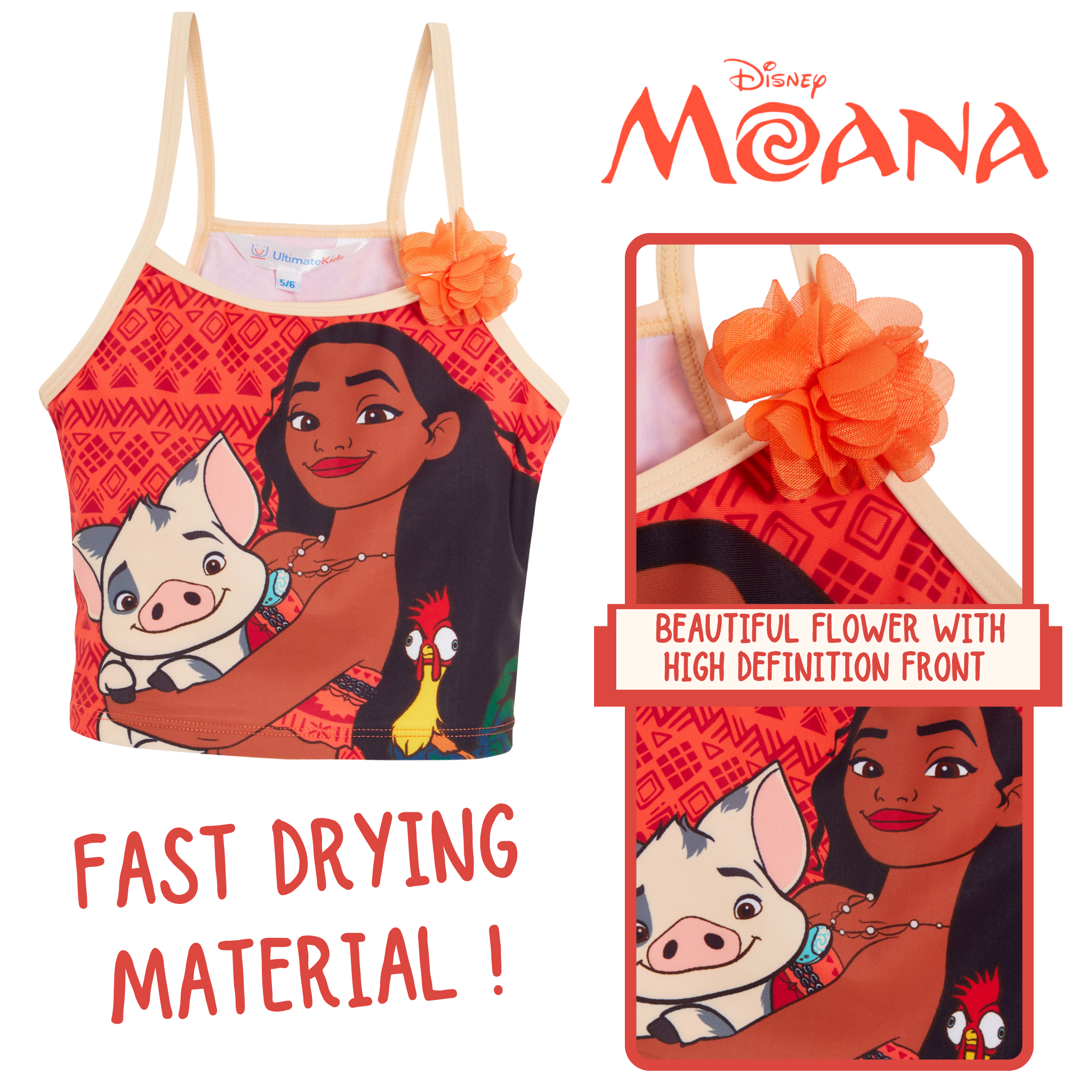 Girls Disney Moana Tankini Kids Deluxe Two Piece Swimming Costume Beach Swimsuit