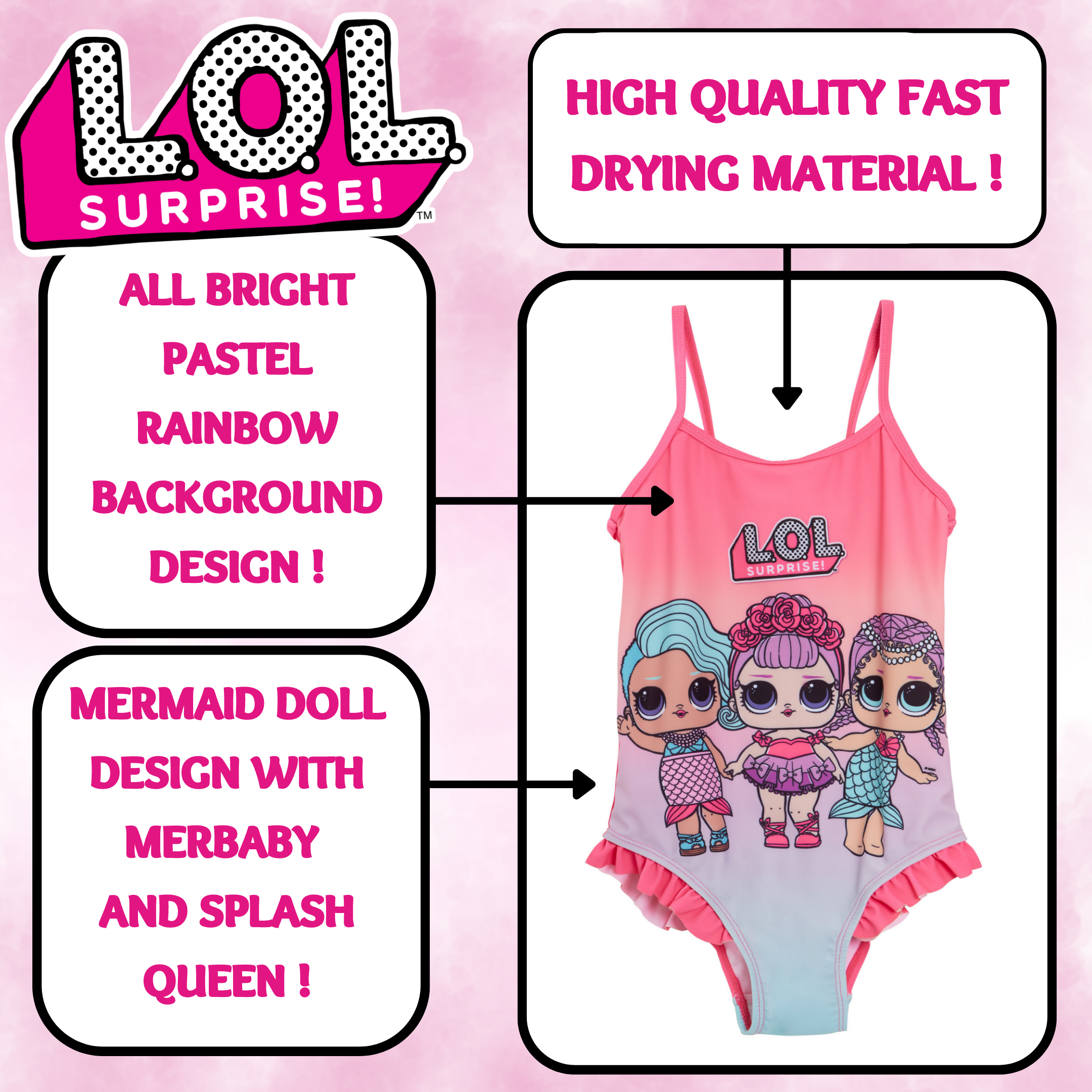 Girls L.O.L Surprise! Swimming Costume LOL Mermaid One Piece Swimsuit Swimwear