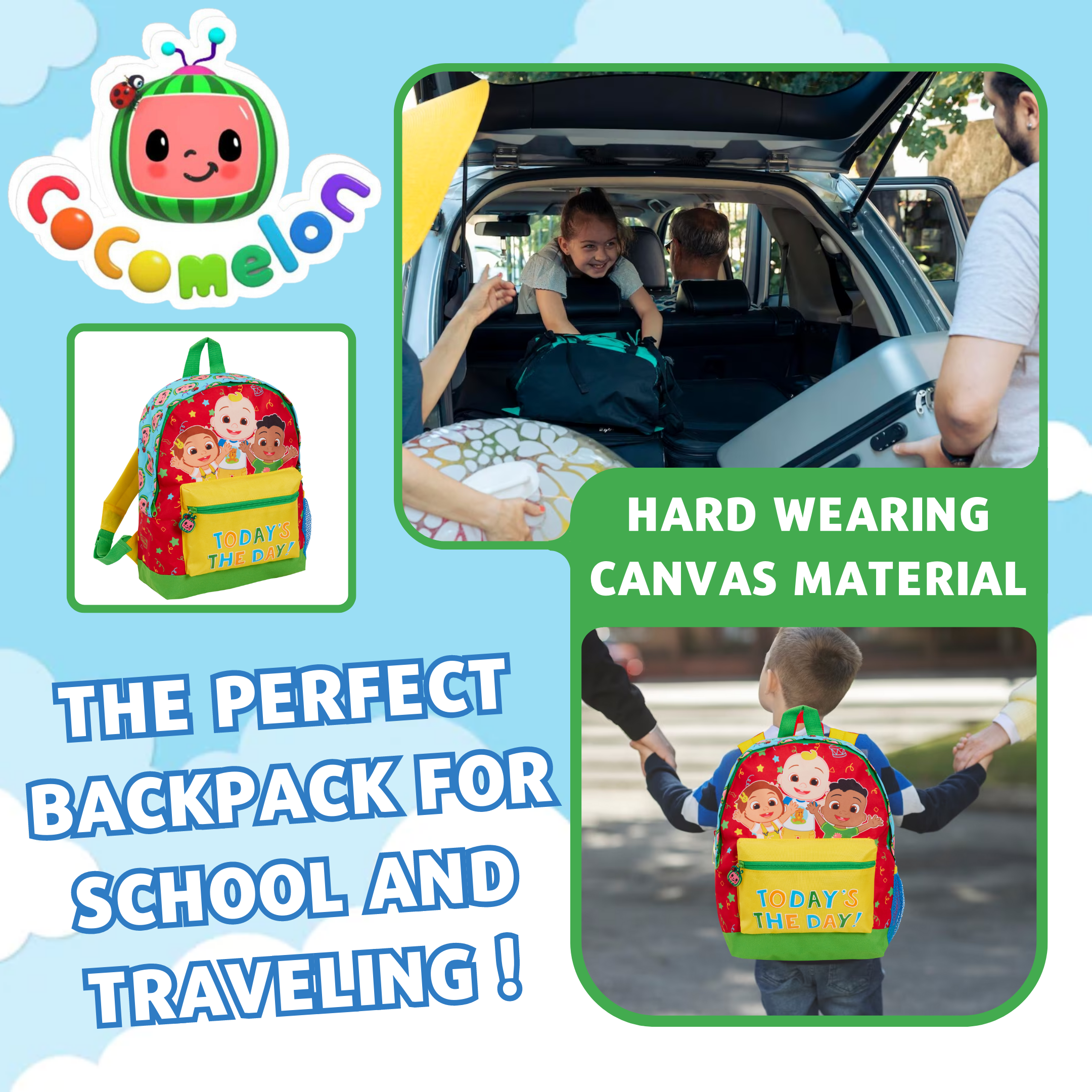 Boys Girls Cocomelon Backpack Kids Character Nursery Rucksack Travel Lunch Bag
