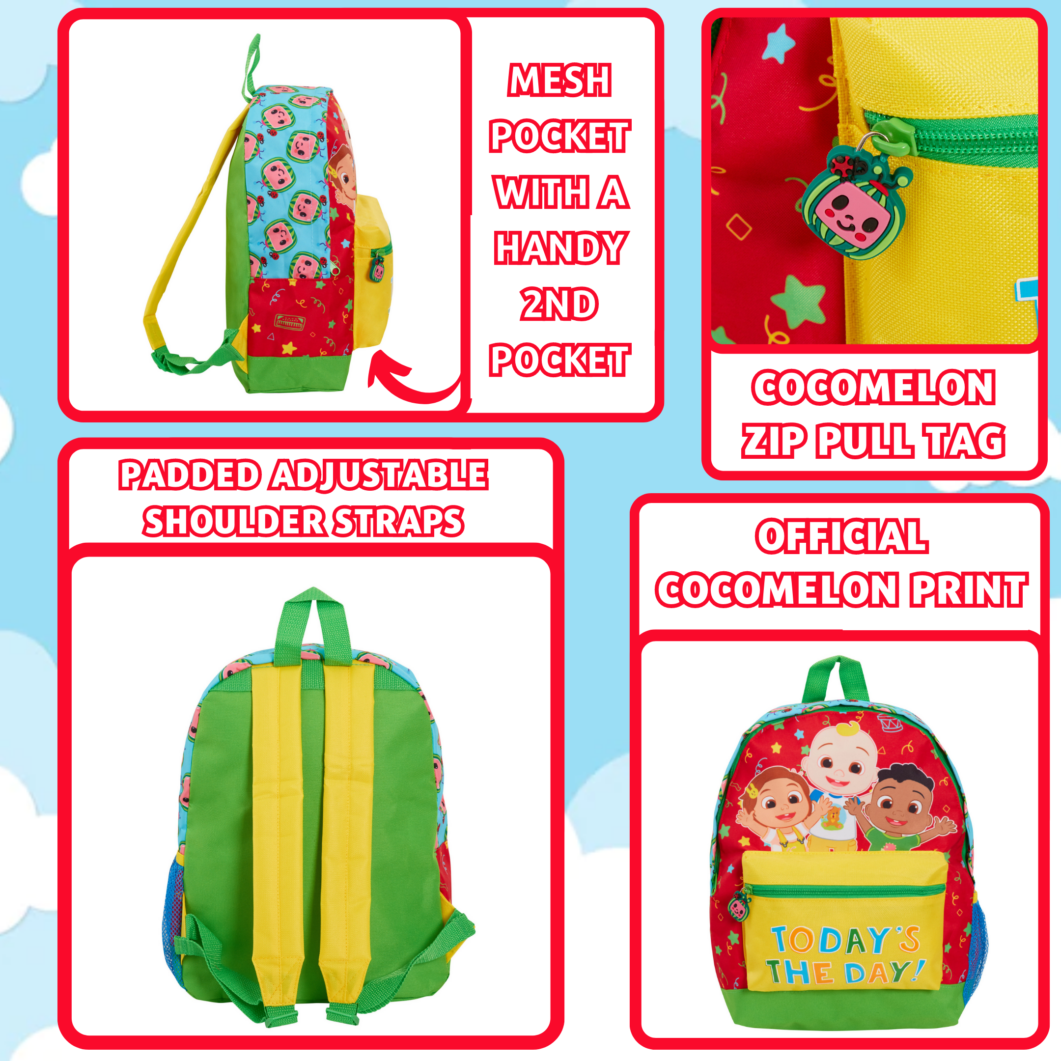 Boys Girls Cocomelon Backpack Kids Character Nursery Rucksack Travel Lunch Bag
