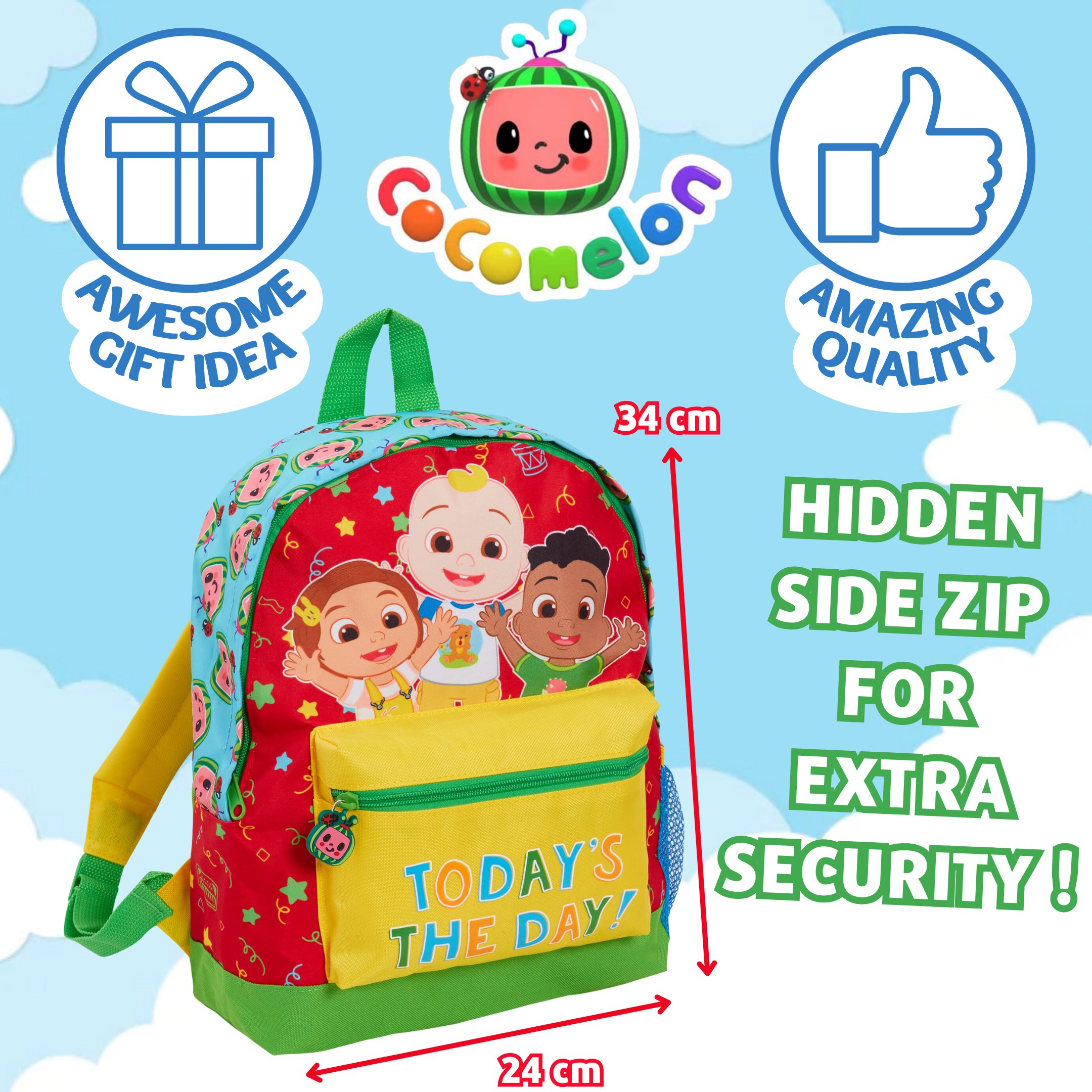 Boys Girls Cocomelon Backpack Kids Character Nursery Rucksack Travel Lunch Bag