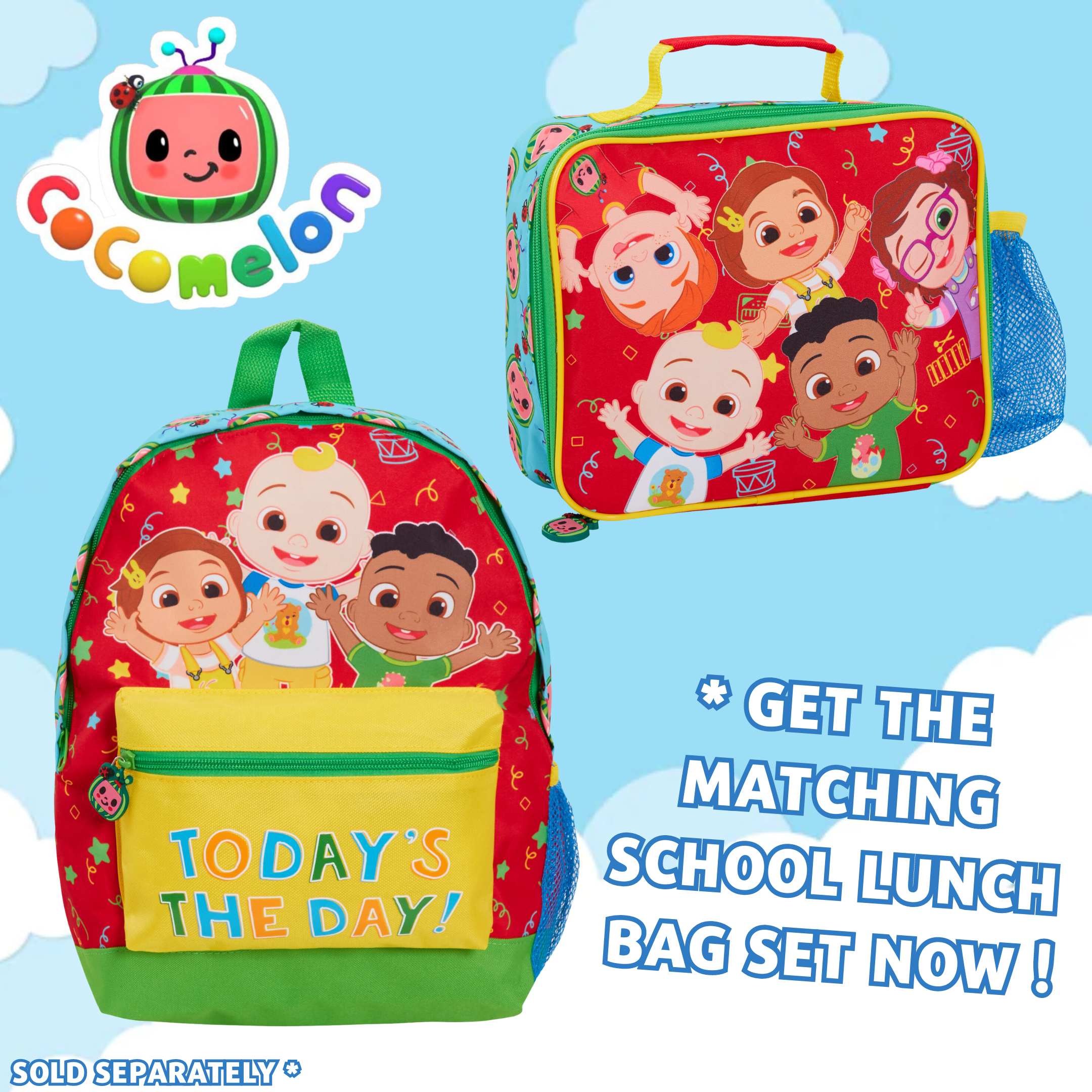 Boys Girls Cocomelon Backpack Kids Character Nursery Rucksack Travel Lunch Bag