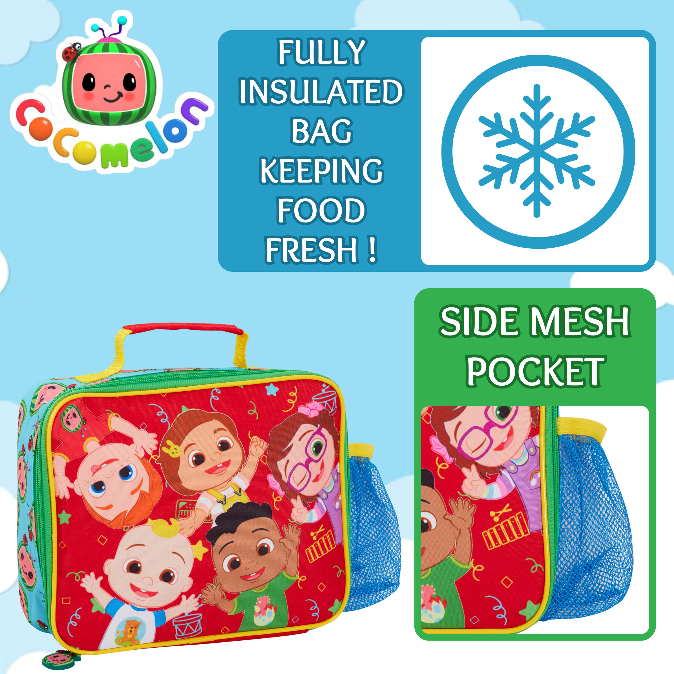 Cocomelon Lunch Bag with Bottle Holder Unisex JJ Lunch Box Nursery Cooler Bag
