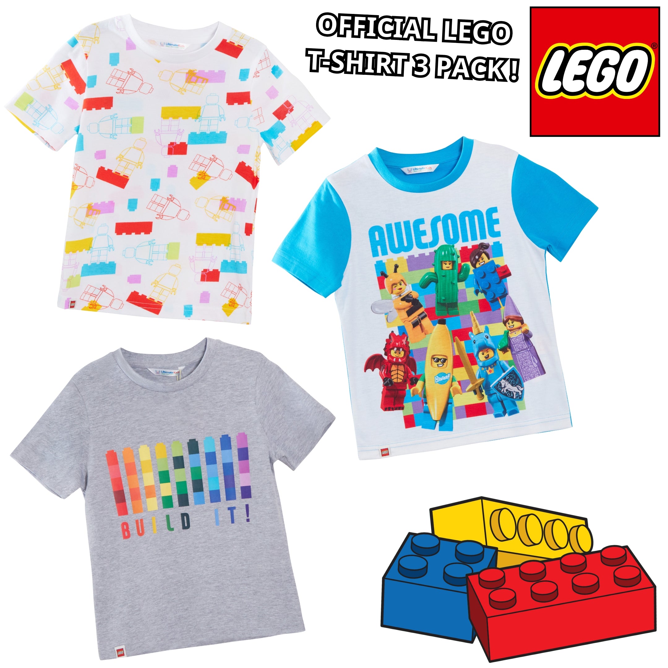 Kids 3 Pack Lego T-Shirts Boys Girls Official Lego Multipack Tops Summer Tees