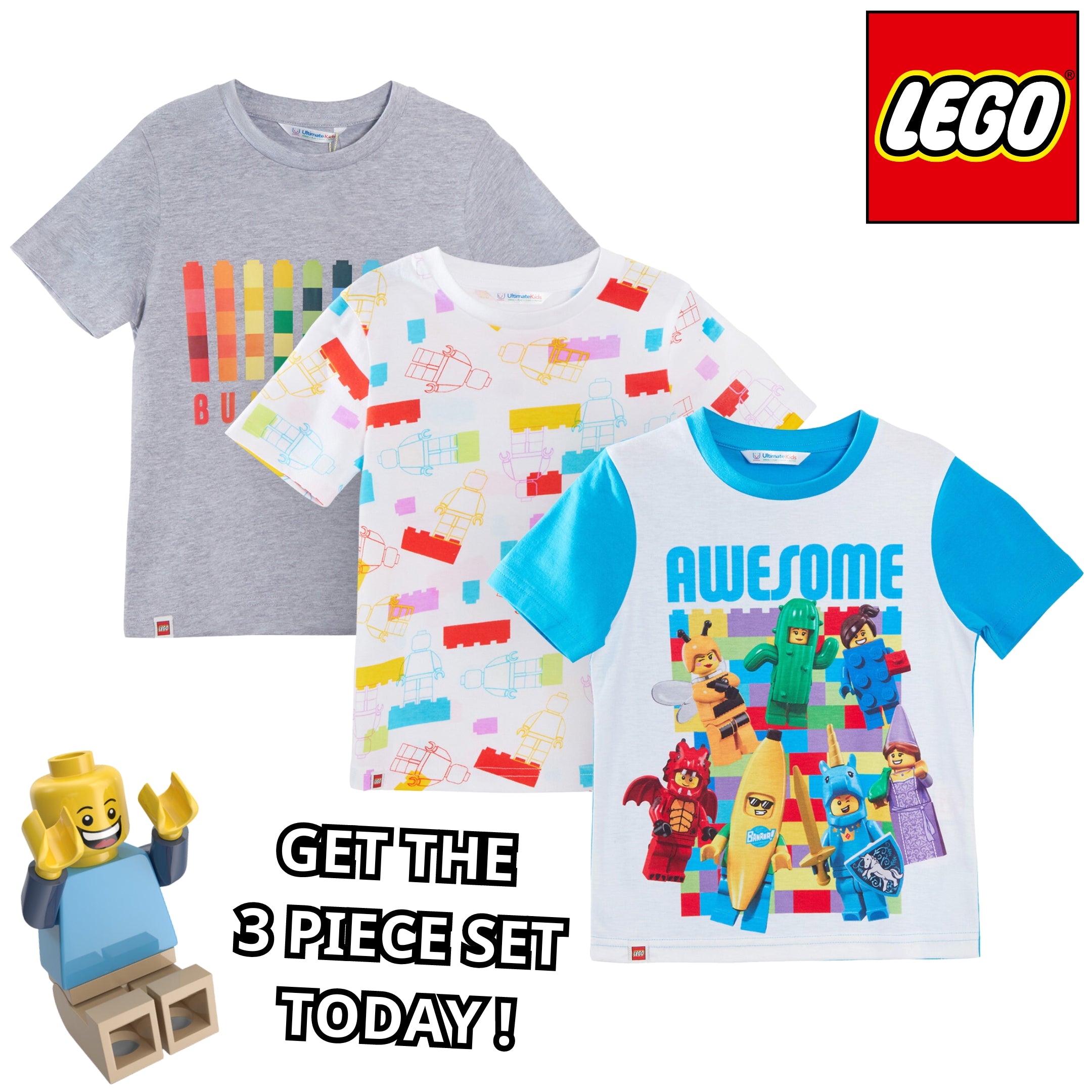 Kids 3 Pack Lego T-Shirts Boys Girls Official Lego Multipack Tops Summer Tees