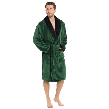 Mens Luxury Fleece Robe With Satin Trim Collar Mens Dressing Gown Housecoat Gift