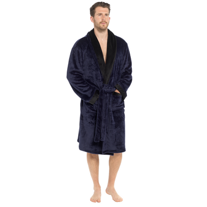 Mens Luxury Fleece Robe With Satin Trim Collar Mens Dressing Gown Housecoat Gift