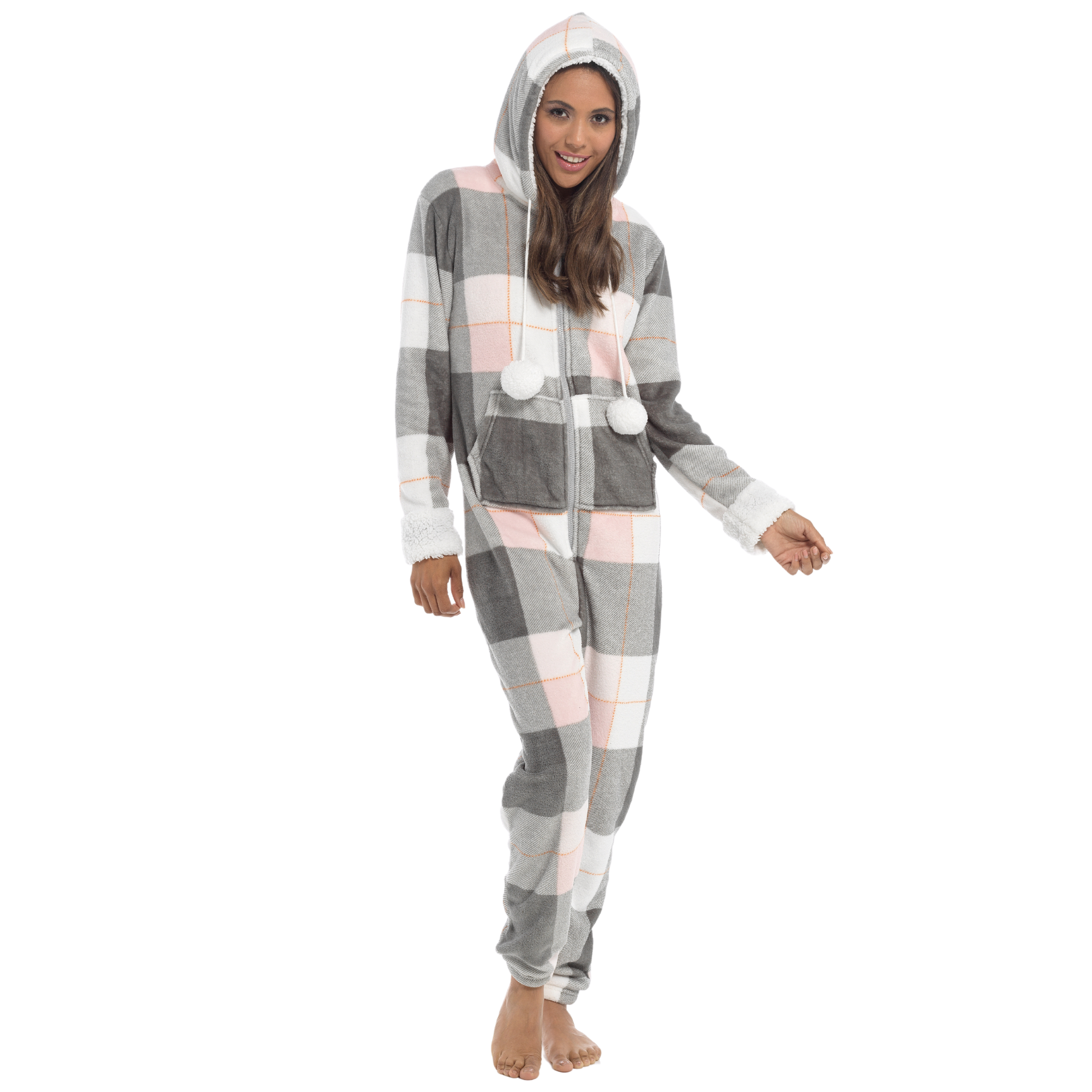 Womens Check Print All In One Luxury Tartan Print Fleece Hooded Pyjamas Pjs