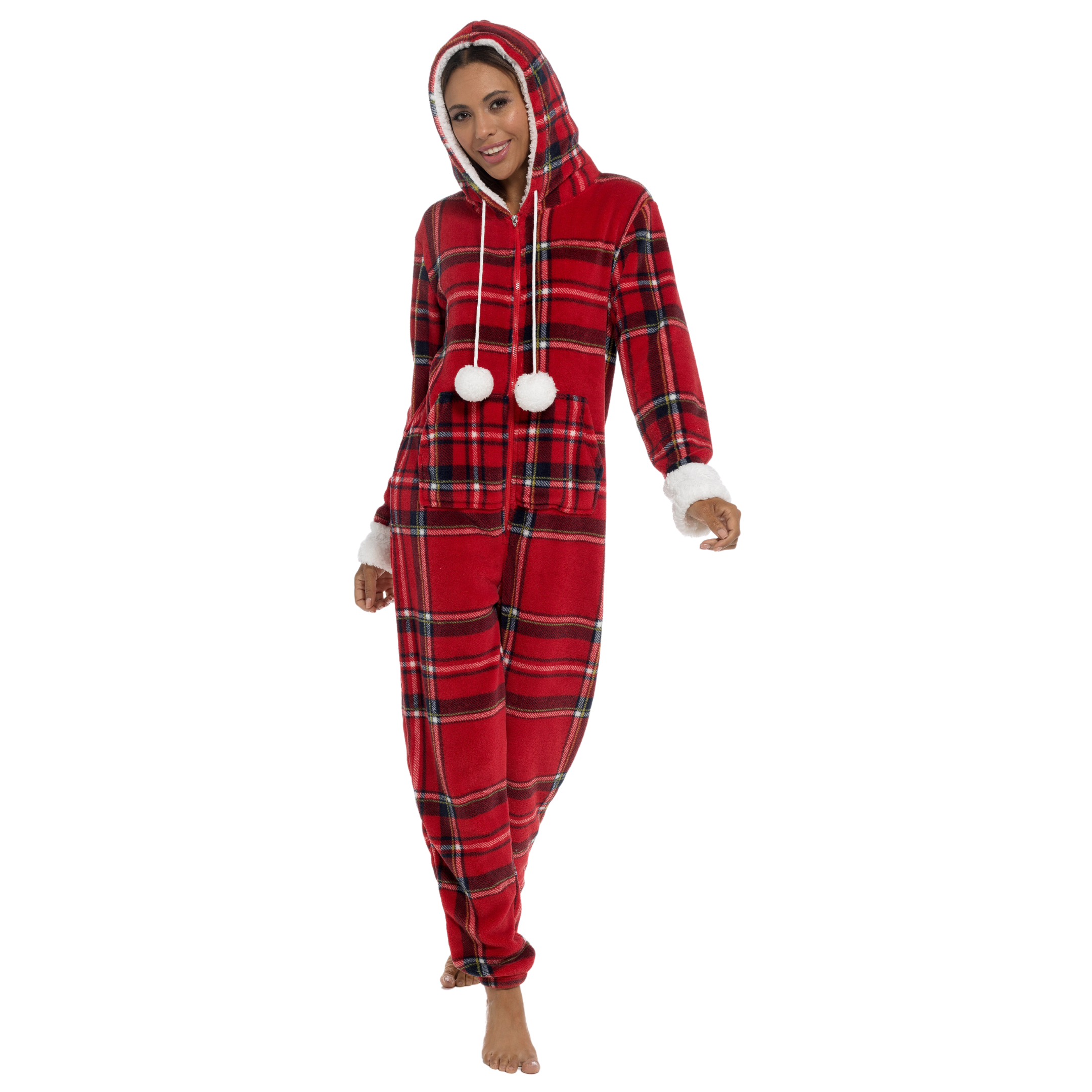 Womens Check Print All In One Luxury Tartan Print Fleece Hooded Pyjamas Pjs