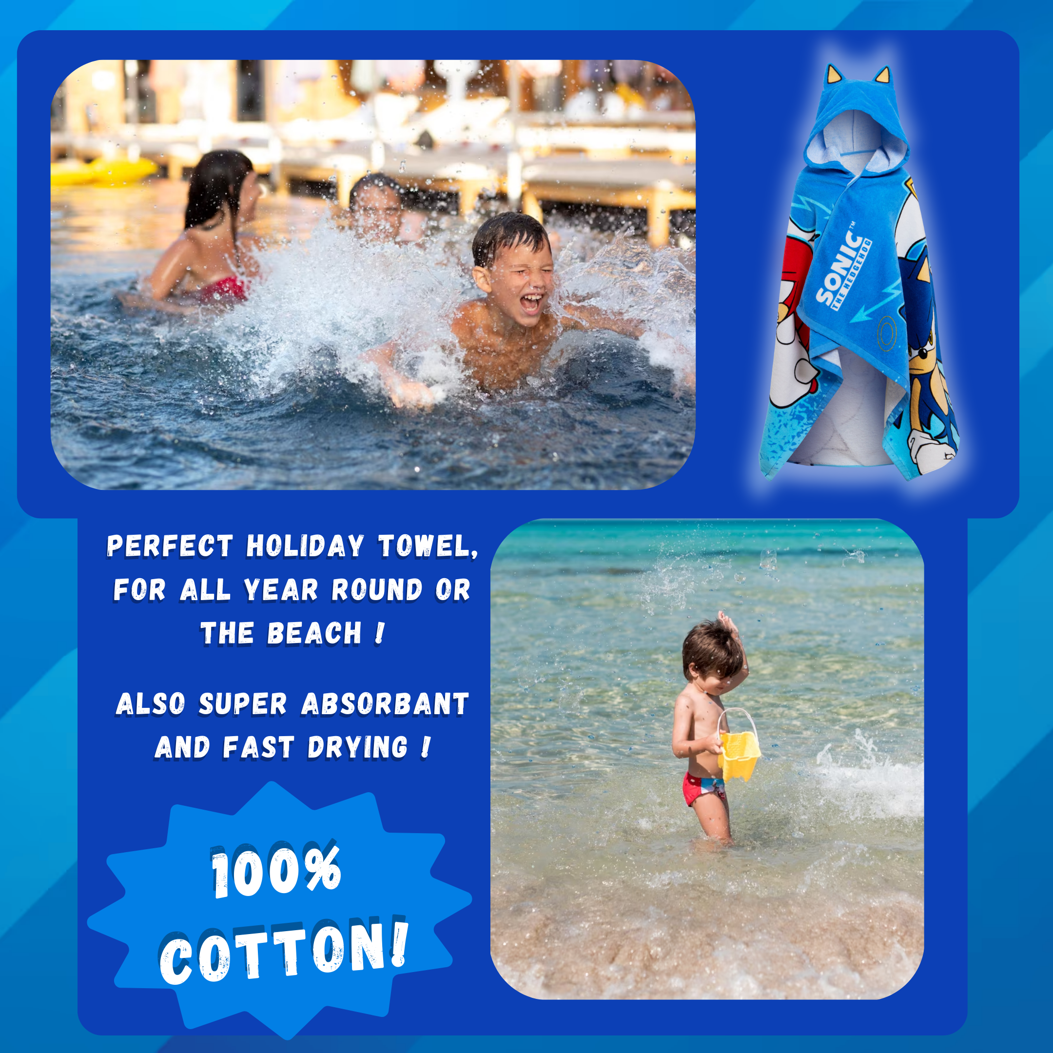 Sonic The Hedgehog Hooded Towel Kids Poncho Beachtowel Bath Towel Swimming Wrap