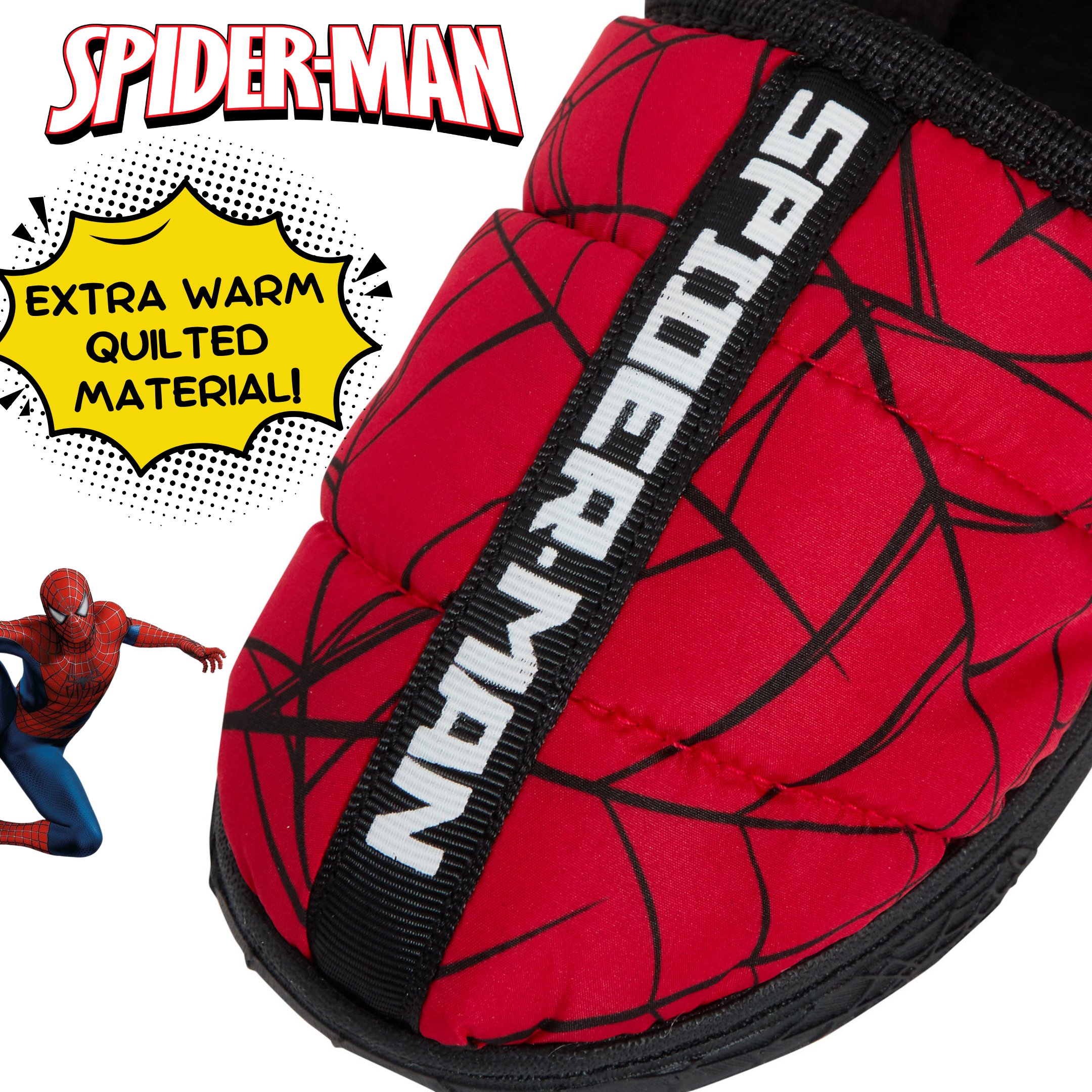 Boys Spider-Man Slippers Kids Marvel Quilted Fleece Lined Slip On House Shoes