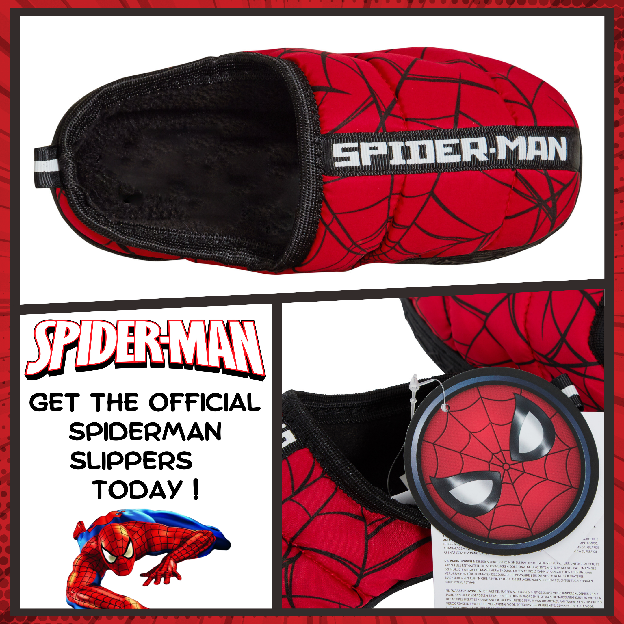 Boys Spider-Man Slippers Kids Marvel Quilted Fleece Lined Slip On House Shoes