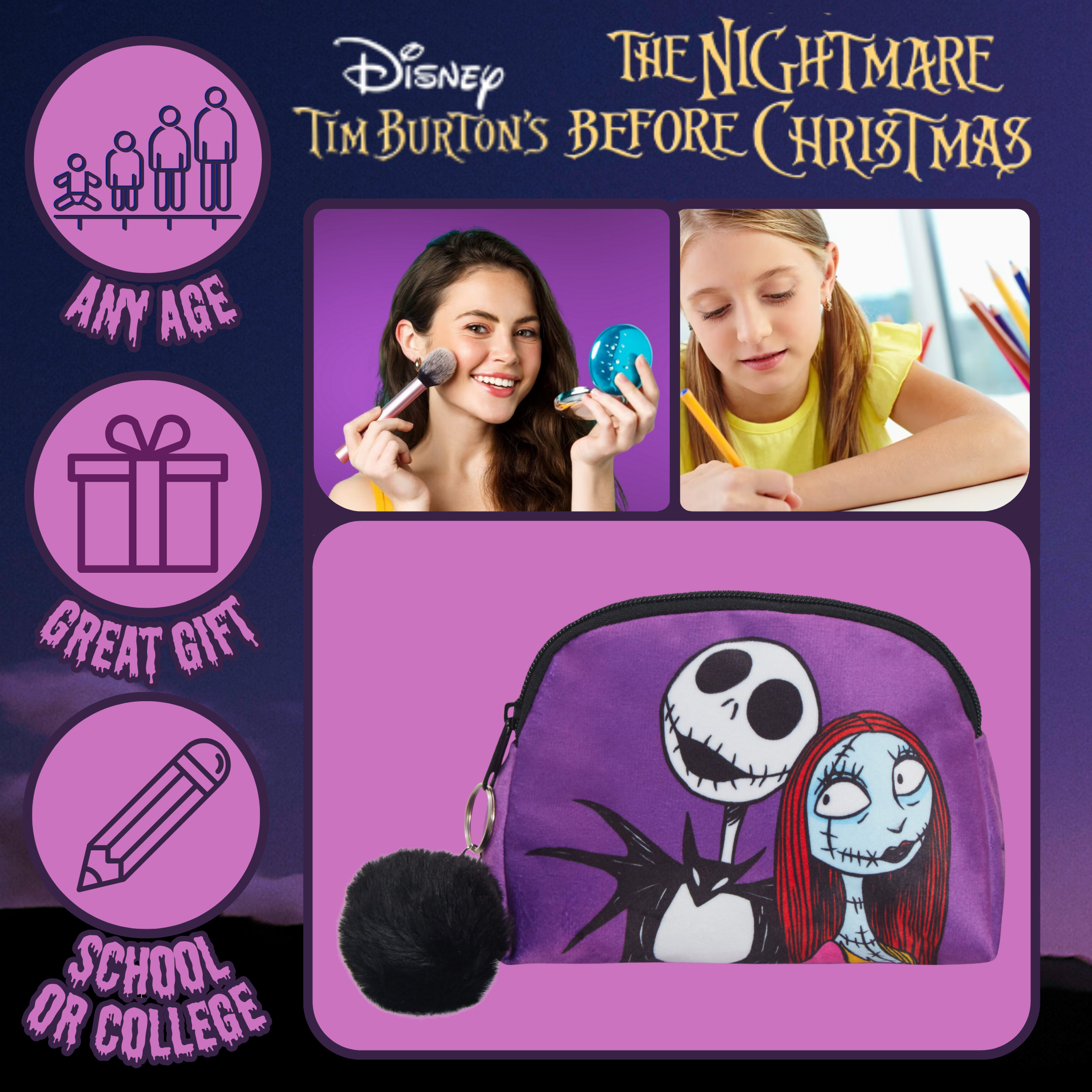 Nightmare Before Christmas Make Up Bag Cosmetic Lined Toiletries Bag Pencil Case