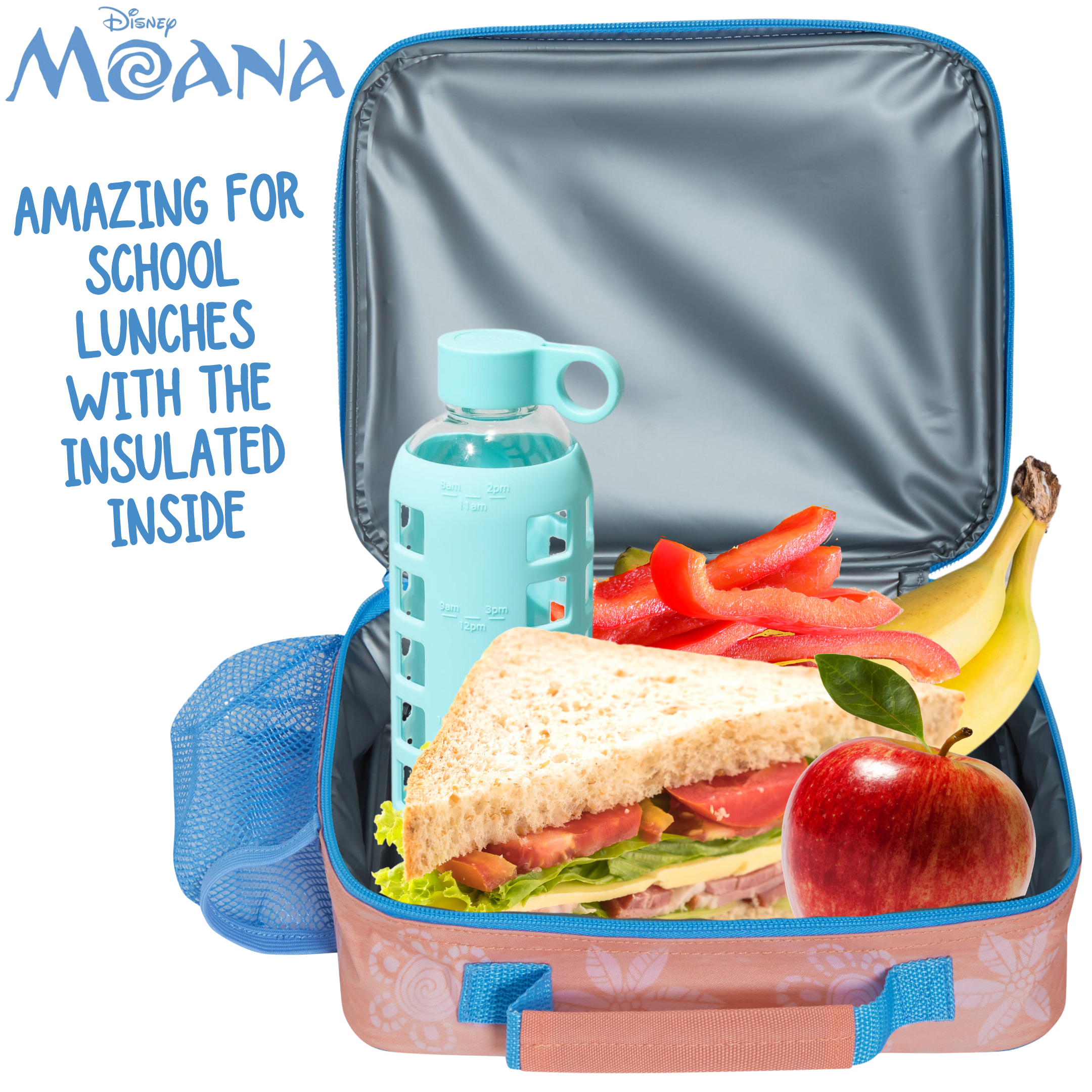 Disney Moana Lunch Bag with Bottle Holder Girls School Insulated Cooler Lunchbox