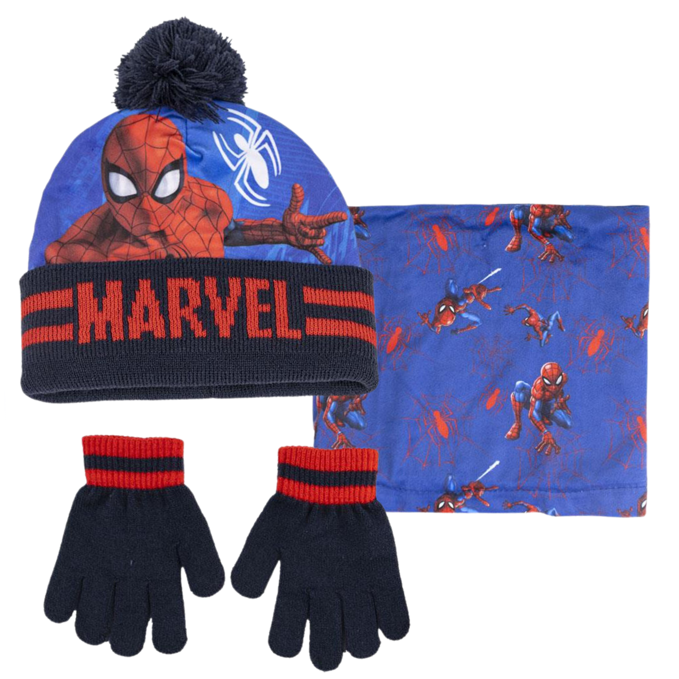Marvel Spiderman Hat Snood & Gloves Set 3 Pcs Winter Set Bobble Hat Gift Set