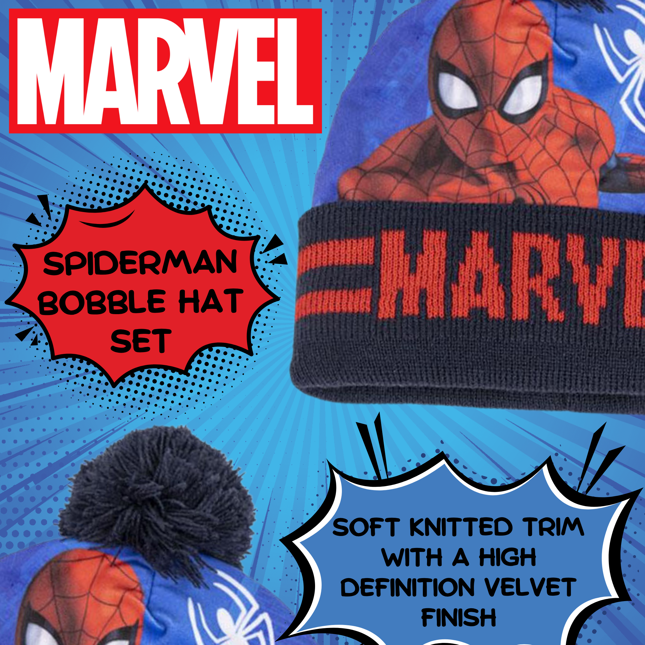 Marvel Spiderman Hat Snood & Gloves Set 3 Pcs Winter Set Bobble Hat Gift Set