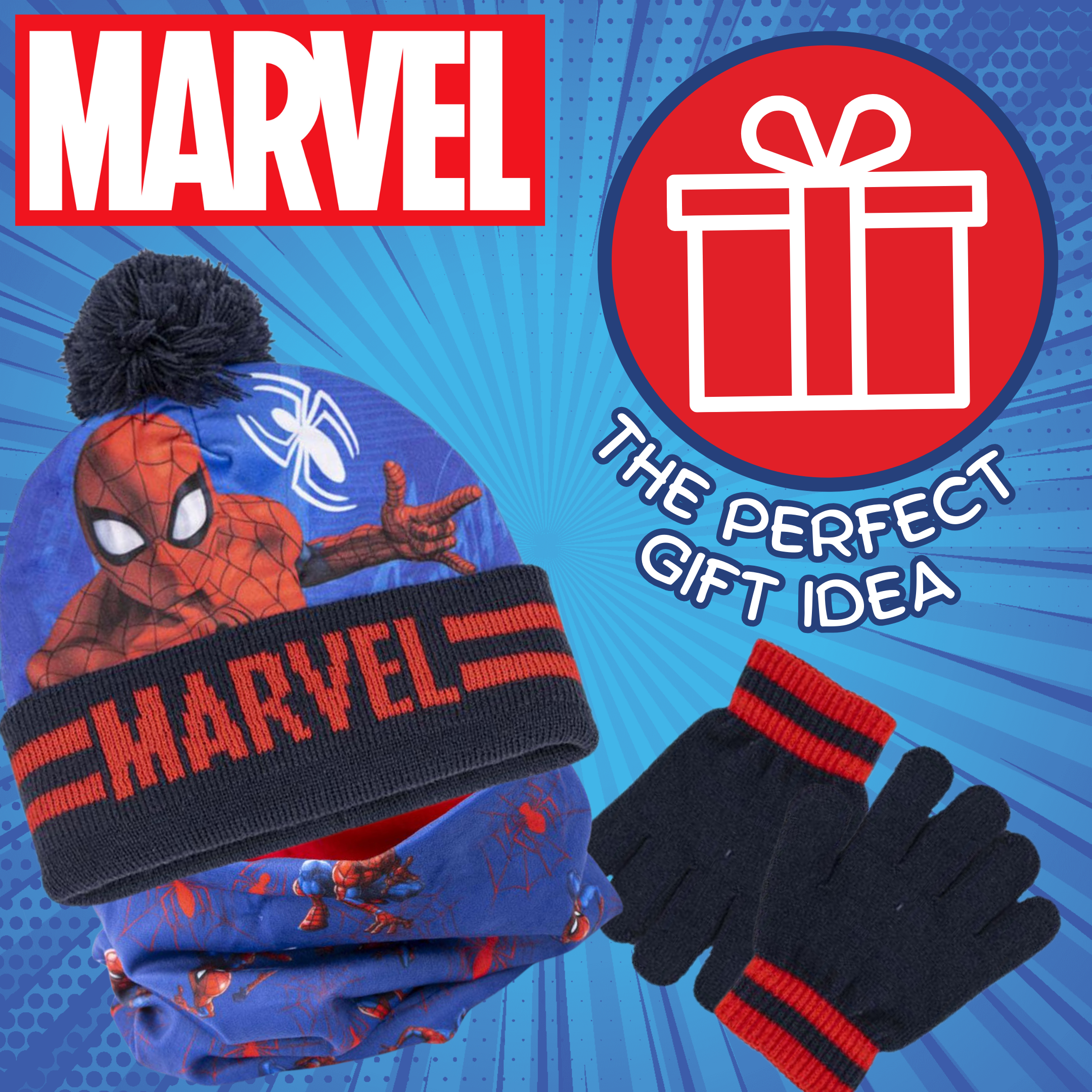 Marvel Spiderman Hat Snood & Gloves Set 3 Pcs Winter Set Bobble Hat Gift Set