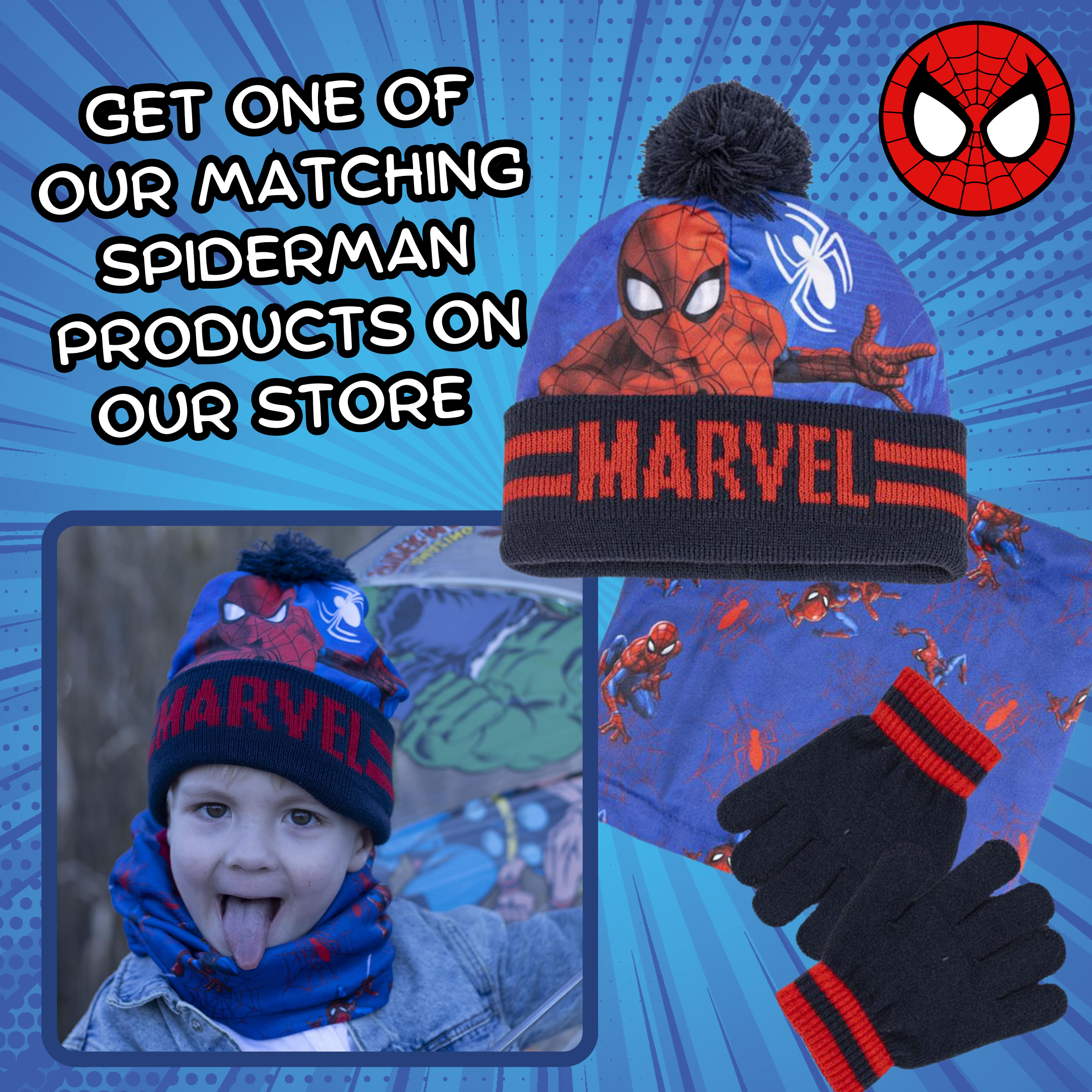 Marvel Spiderman Hat Snood & Gloves Set 3 Pcs Winter Set Bobble Hat Gift Set