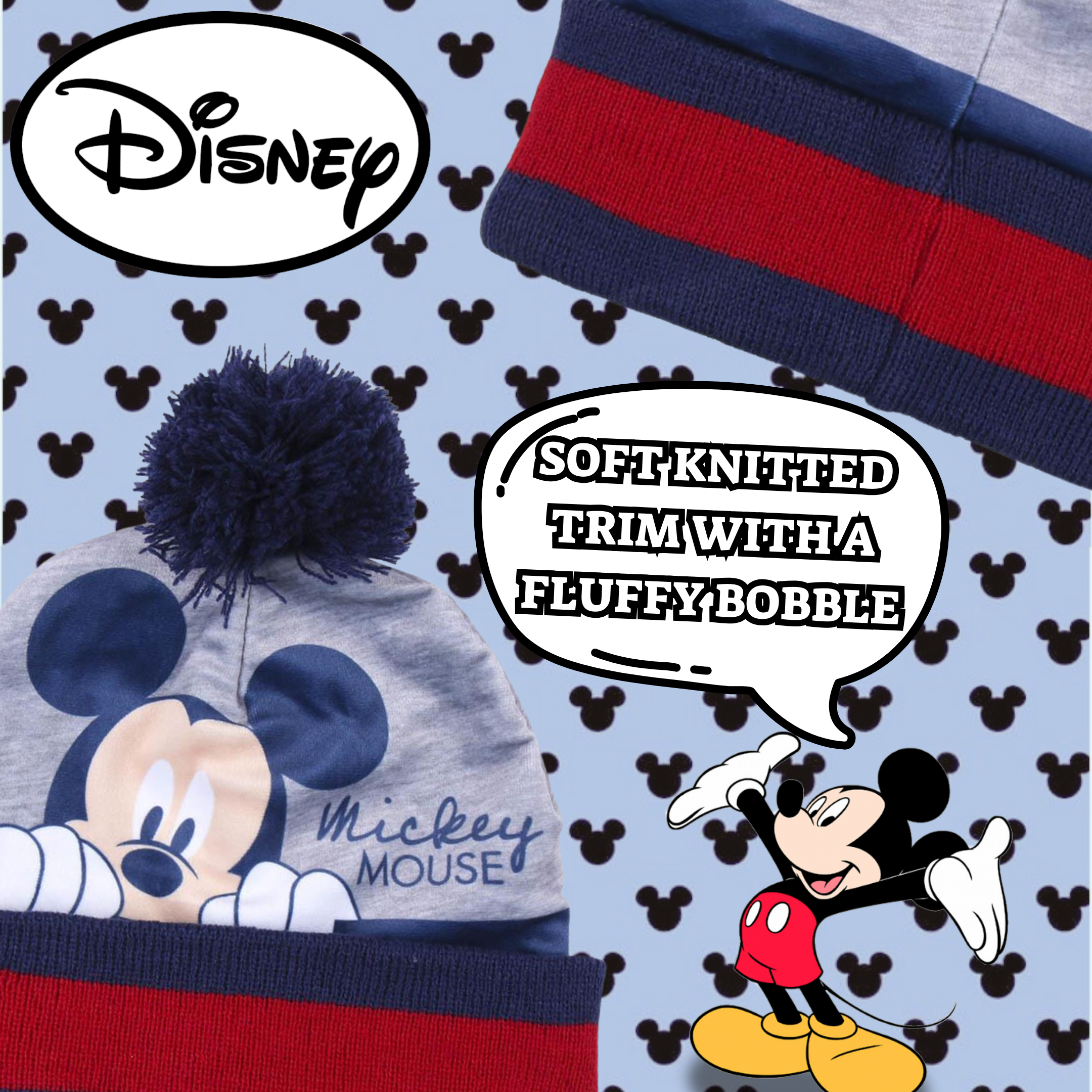 Boys Disney Mickey Mouse 3 Piece Winter Set Bobble Hat + Gloves + Snood Scarf
