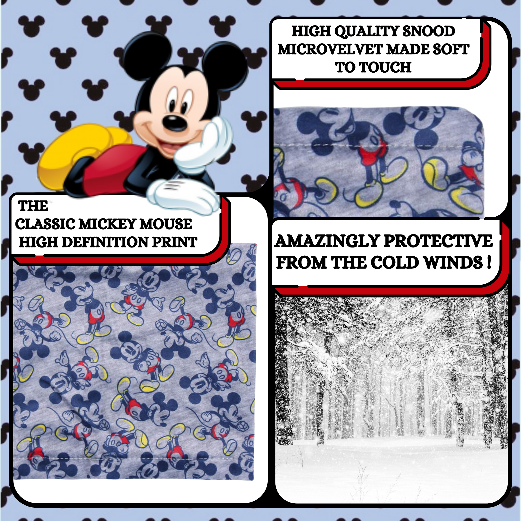 Boys Disney Mickey Mouse 3 Piece Winter Set Bobble Hat + Gloves + Snood Scarf