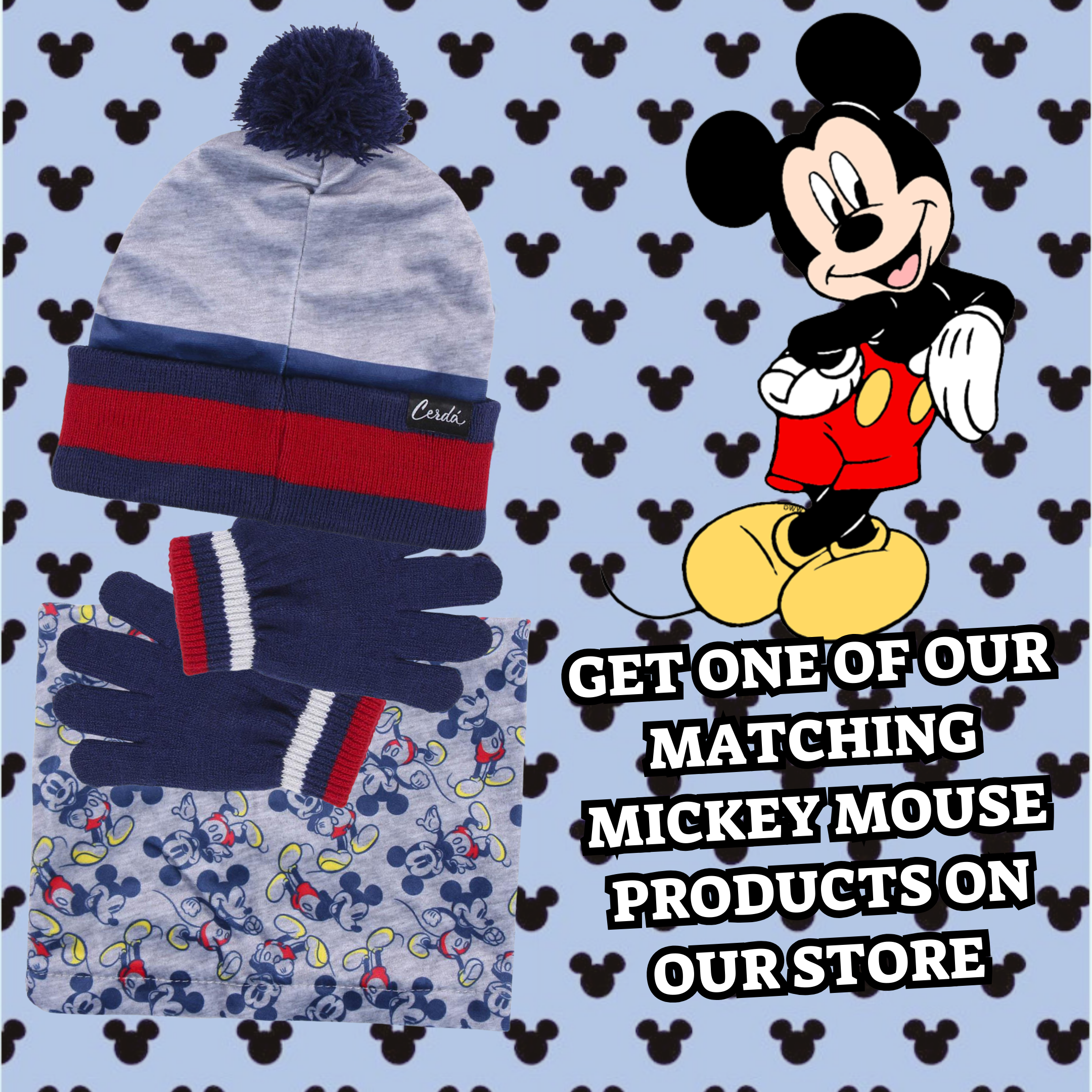 Boys Disney Mickey Mouse 3 Piece Winter Set Bobble Hat + Gloves + Snood Scarf