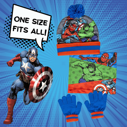 Boys Avengers Hat + Snood Scarf + Gloves Winter 3 Piece Set Kids Marvel Gift