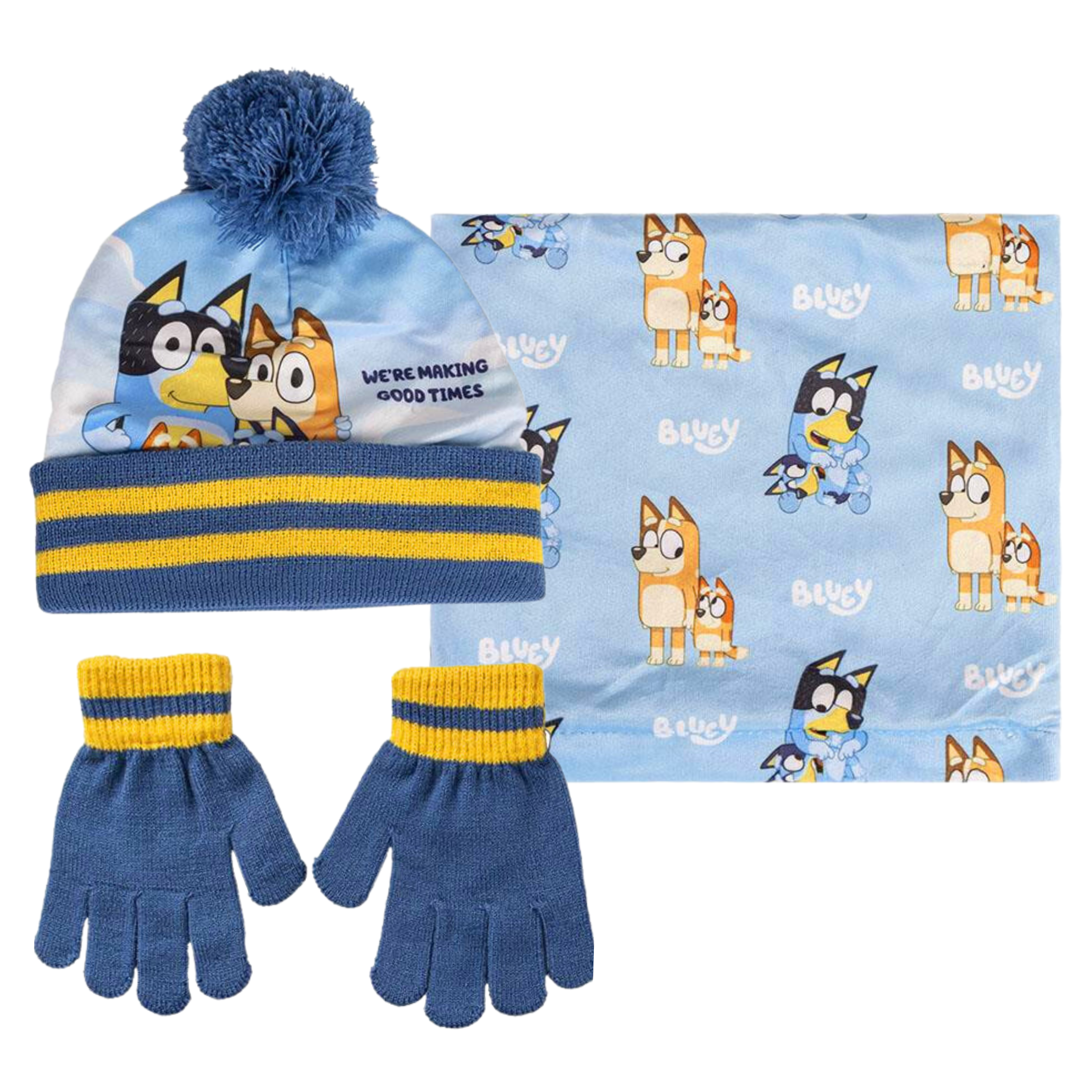 Bluey Bobble Hat  + Snood Scarf + Gloves Set Boys Girls 3 Piece Winter Set Gift