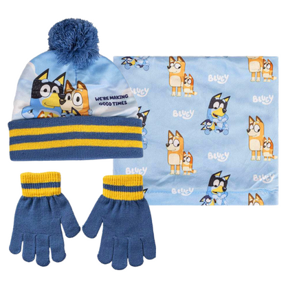 Bluey Bobble Hat  + Snood Scarf + Gloves Set Boys Girls 3 Piece Winter Set Gift