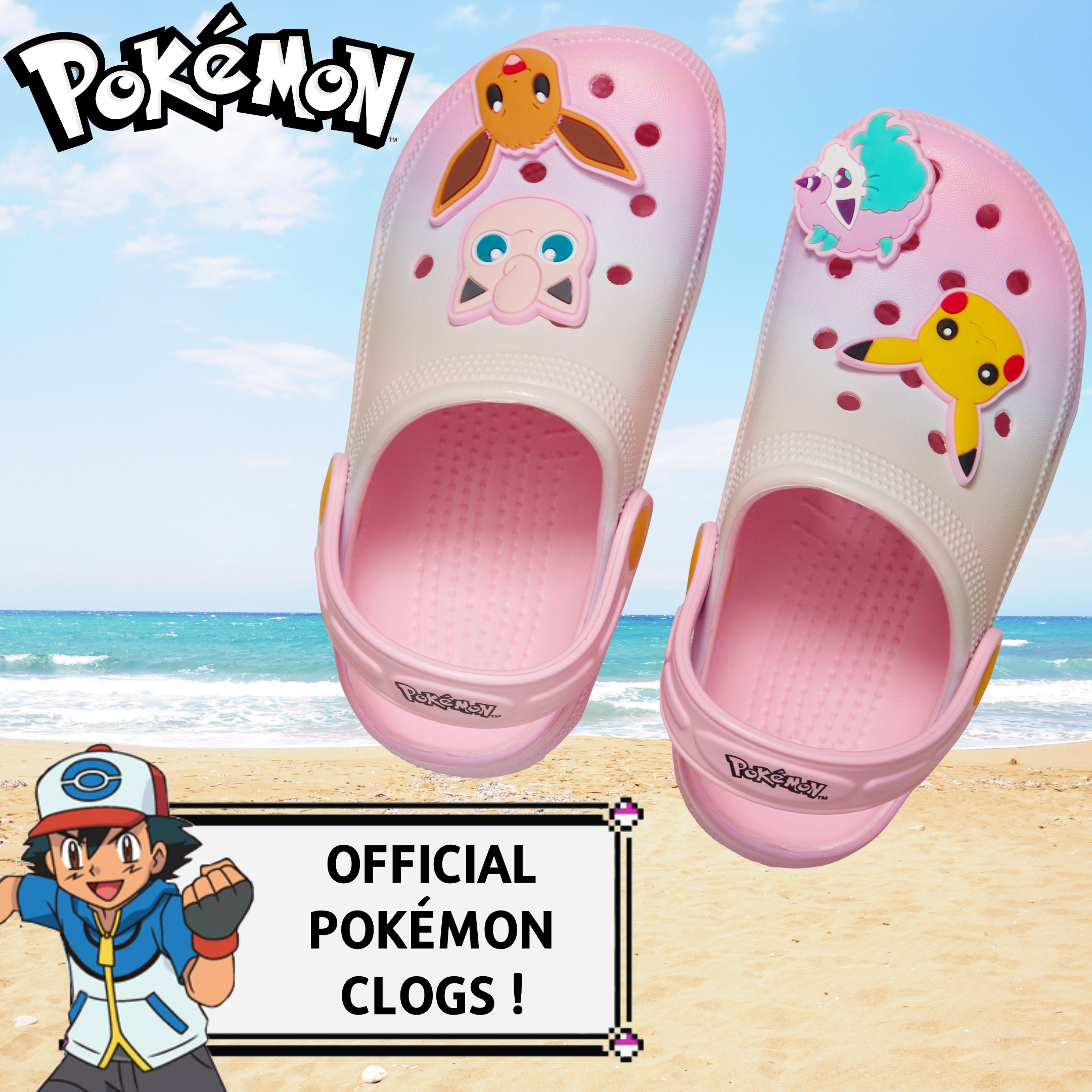 Girls Pokemon Clogs + Charms Kids Sandals Pikachu Eevee Sliders Beach Shoes