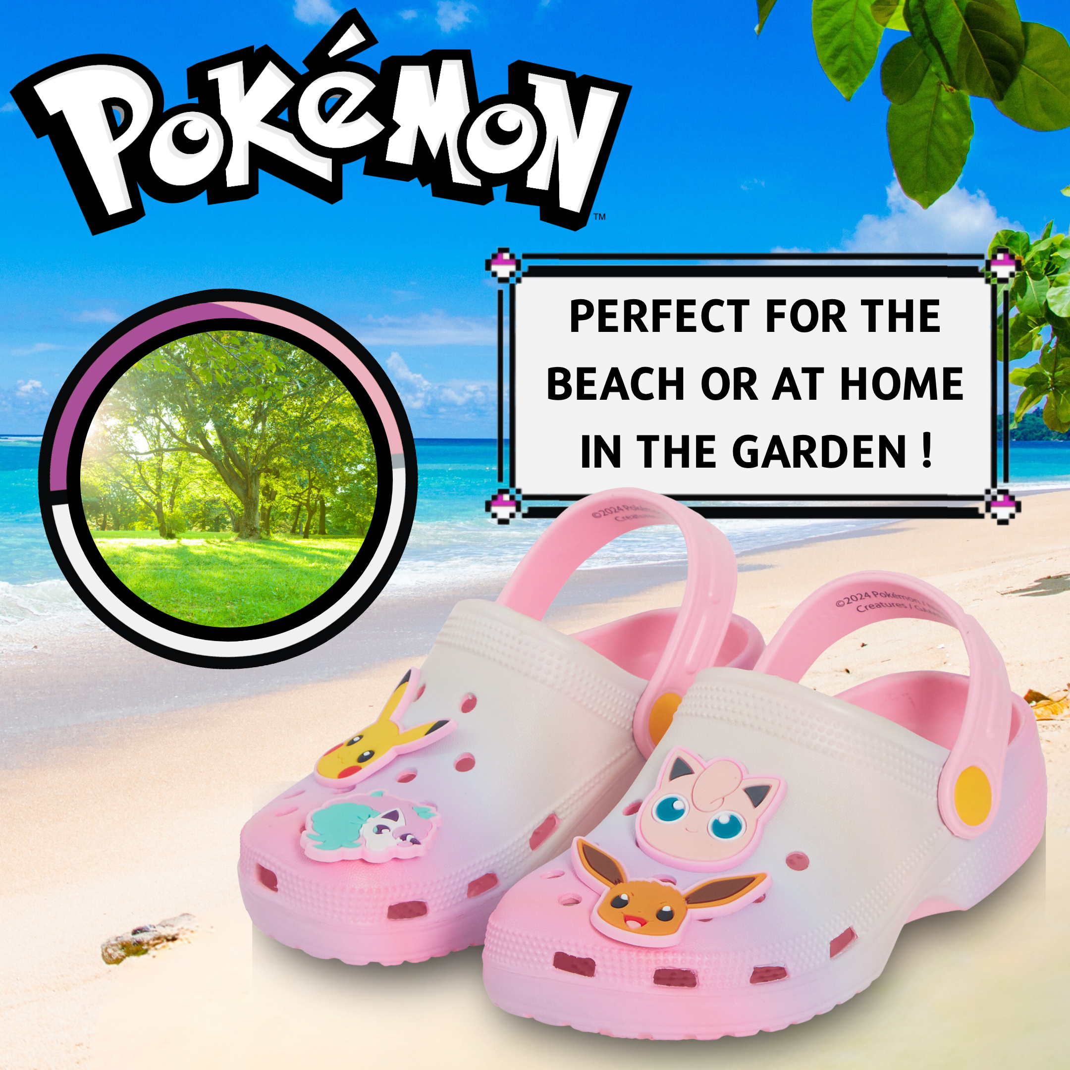 Girls Pokemon Clogs + Charms Kids Sandals Pikachu Eevee Sliders Beach Shoes