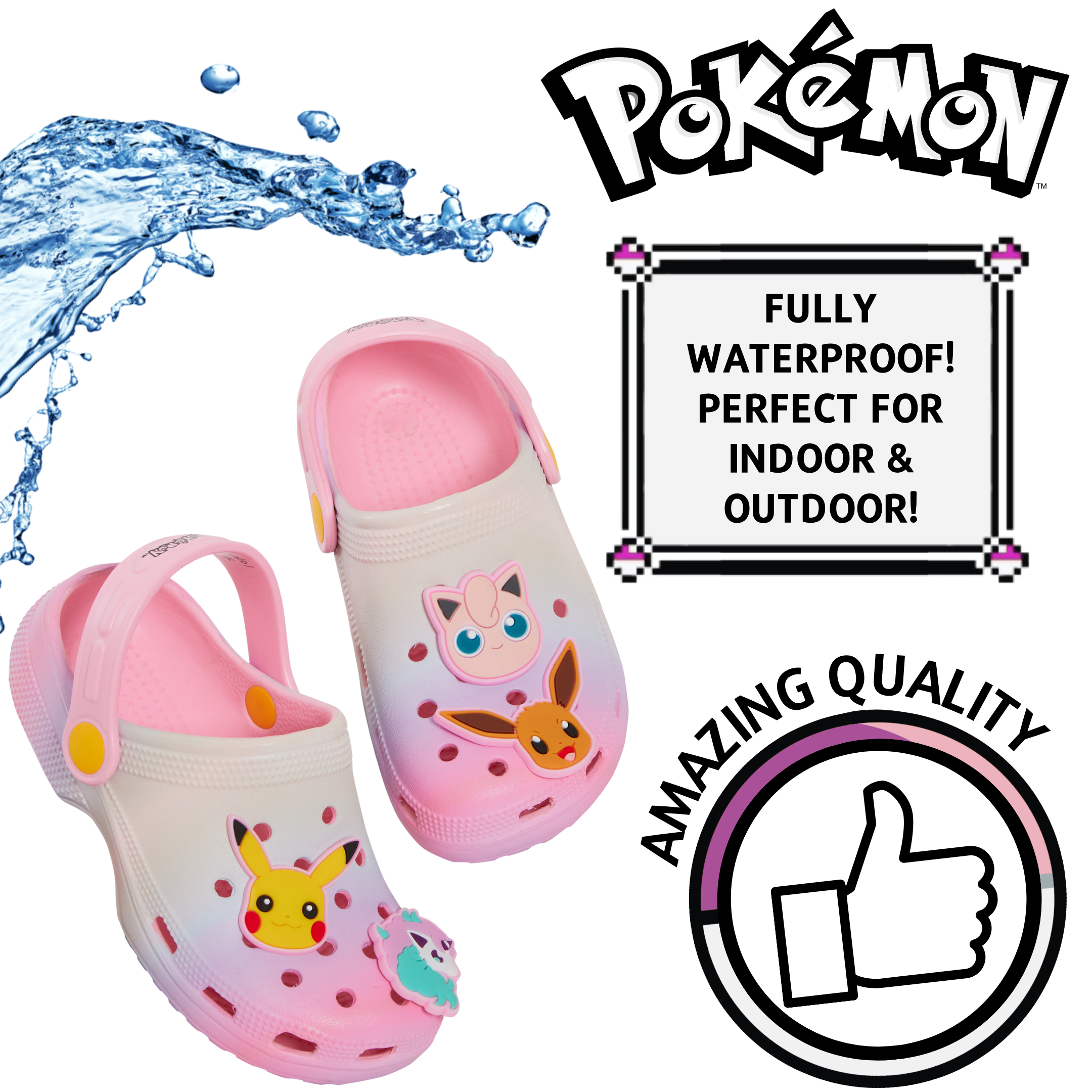 Girls Pokemon Clogs + Charms Kids Sandals Pikachu Eevee Sliders Beach Shoes