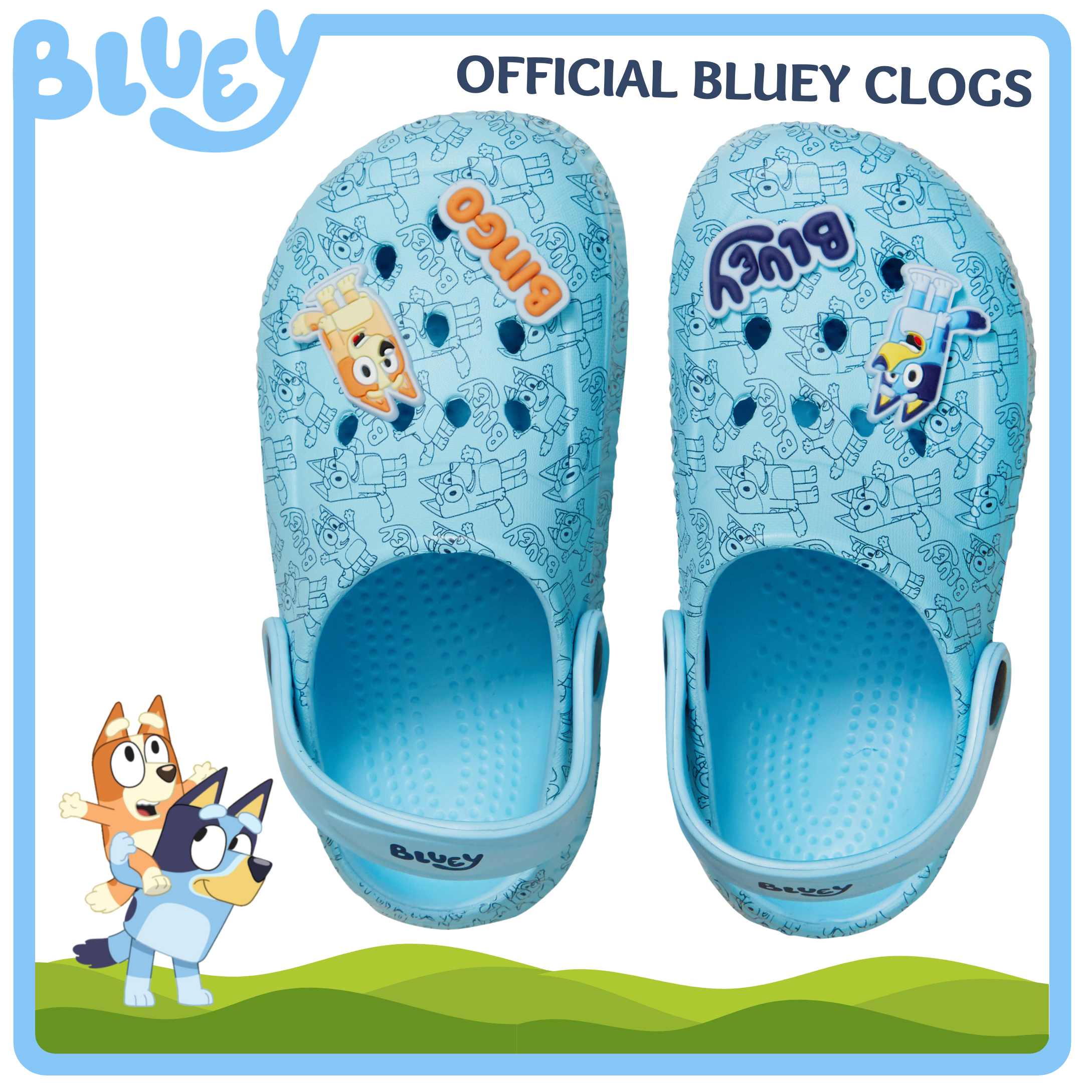 Girls Boys Bluey Clogs Sandals + Charms Kids Summer Sliders + Strap Beach Shoes