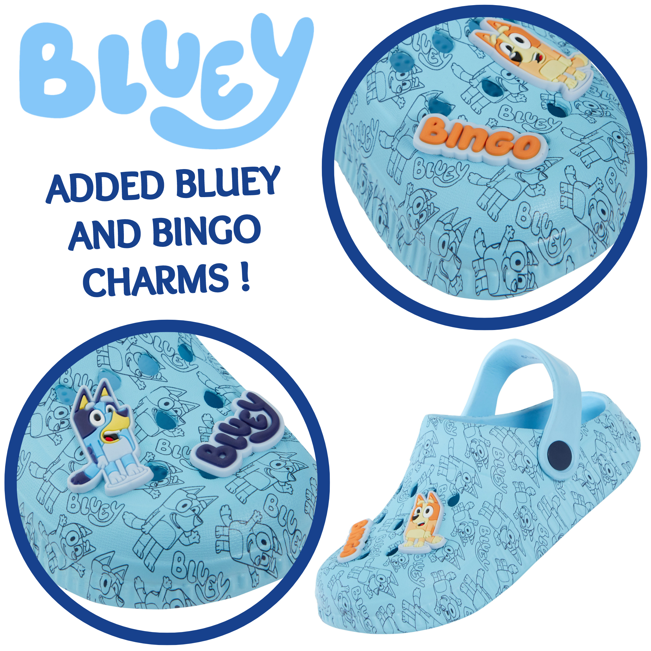Girls Boys Bluey Clogs Sandals + Charms Kids Summer Sliders + Strap Beach Shoes