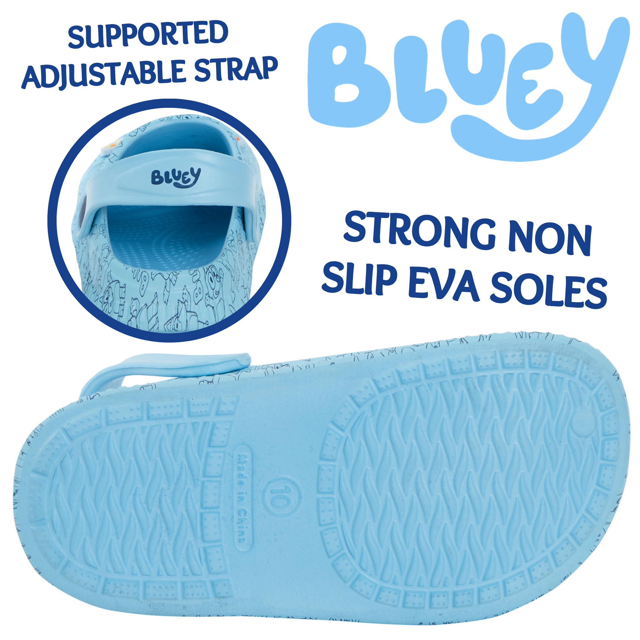 Girls Boys Bluey Clogs Sandals + Charms Kids Summer Sliders + Strap Beach Shoes