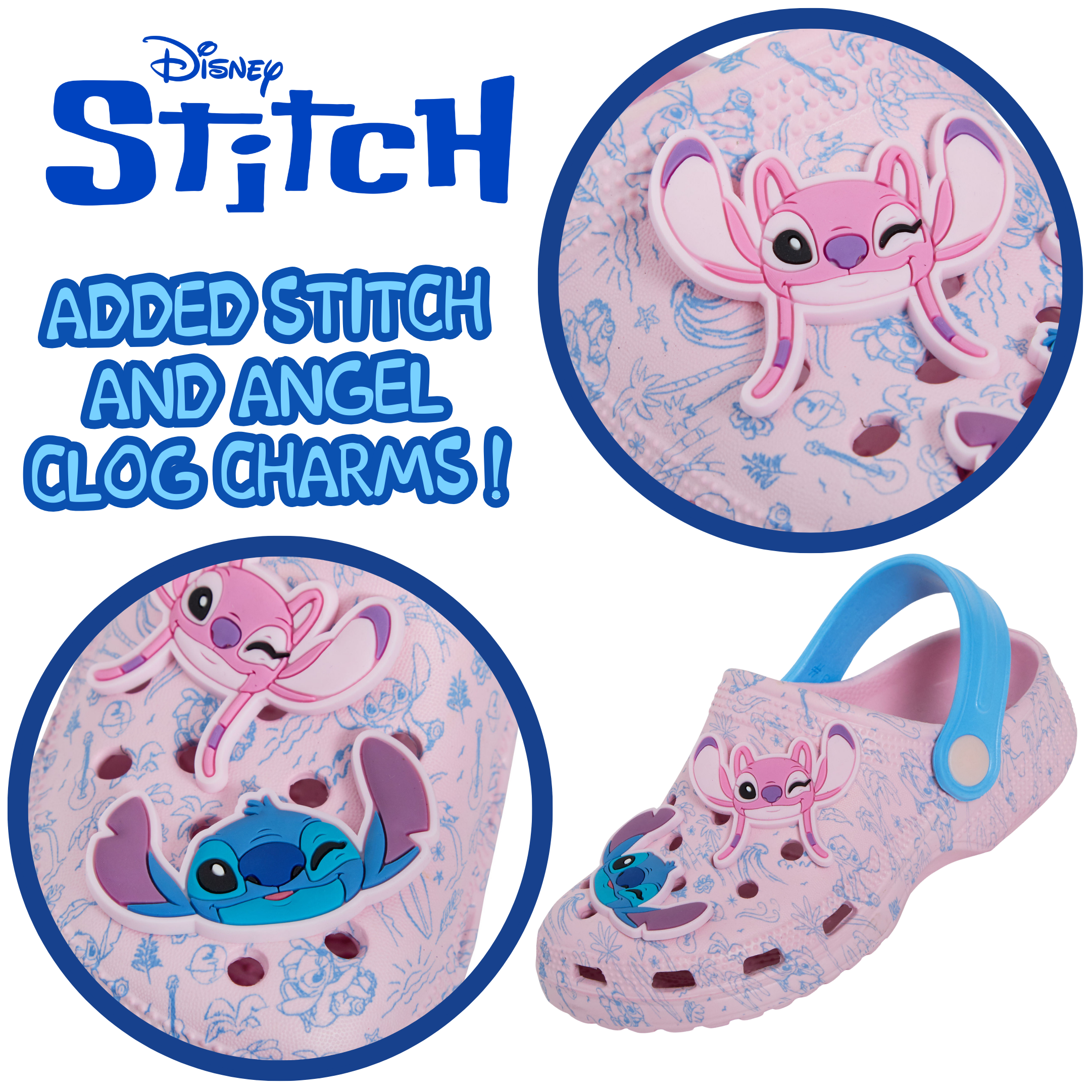 Girls Disney Stitch Clogs Sandals + Charms Kids Angel Summer Sliders Beach Shoes