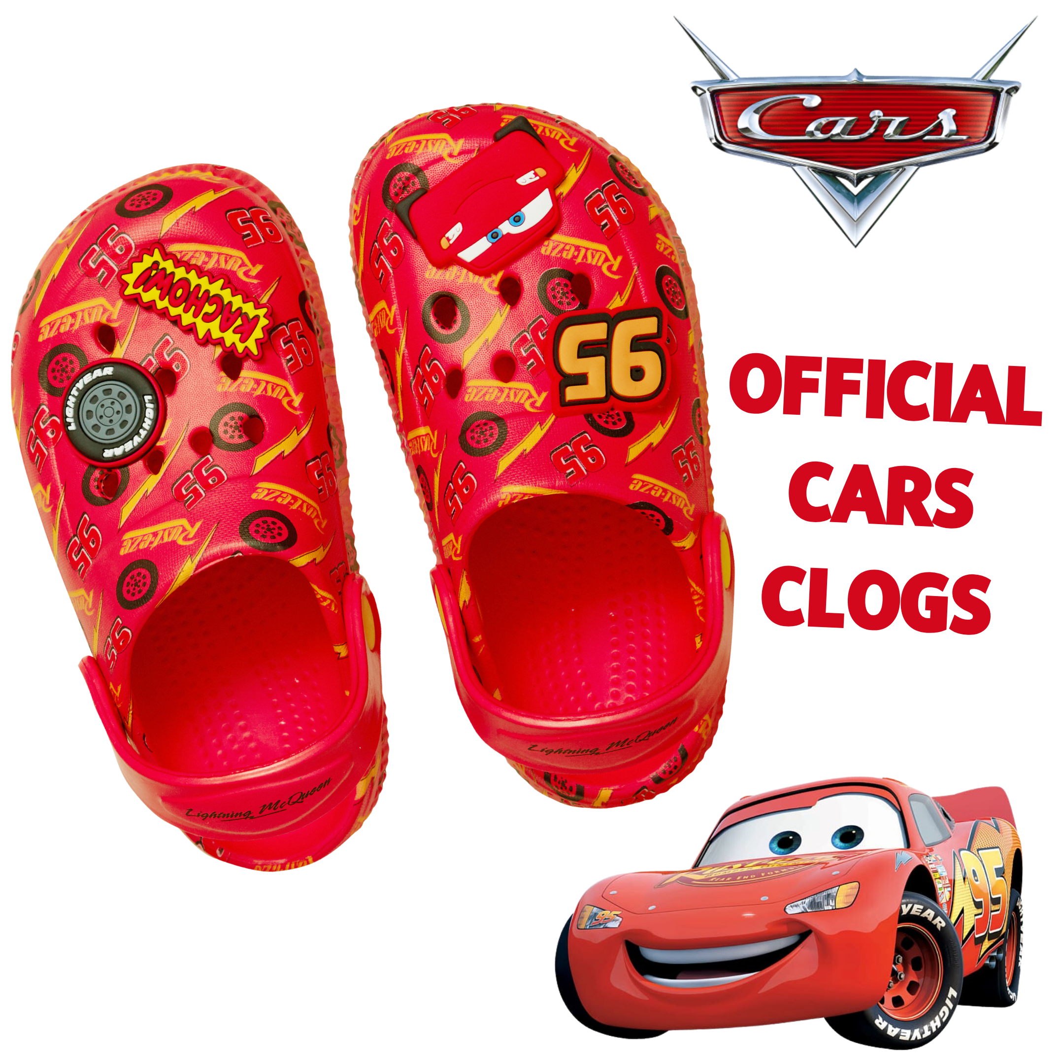 Boys Disney Cars Clogs + Charms Kids Sandals Lightning McQueen Sliders + Strap