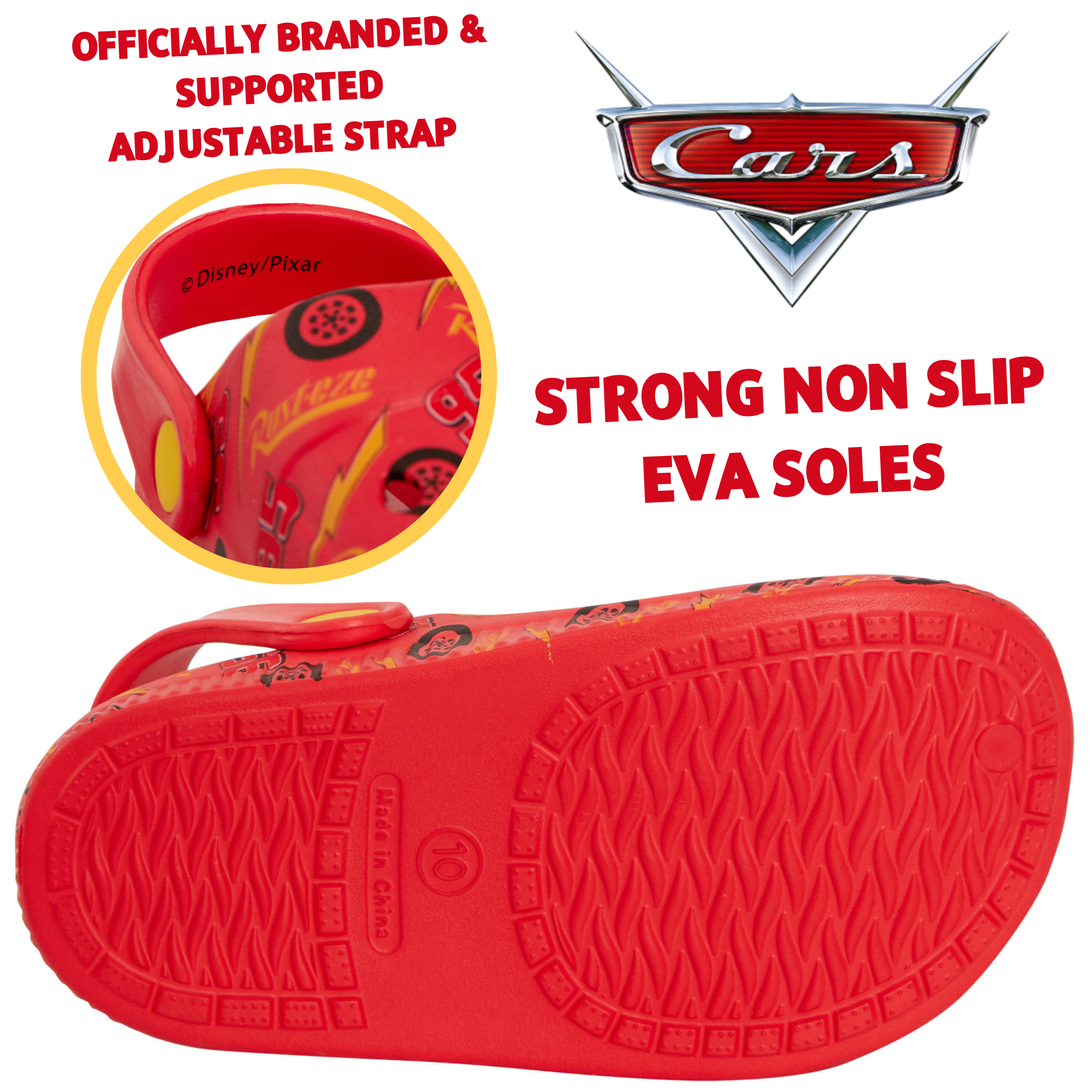 Boys Disney Cars Clogs + Charms Kids Sandals Lightning McQueen Sliders + Strap