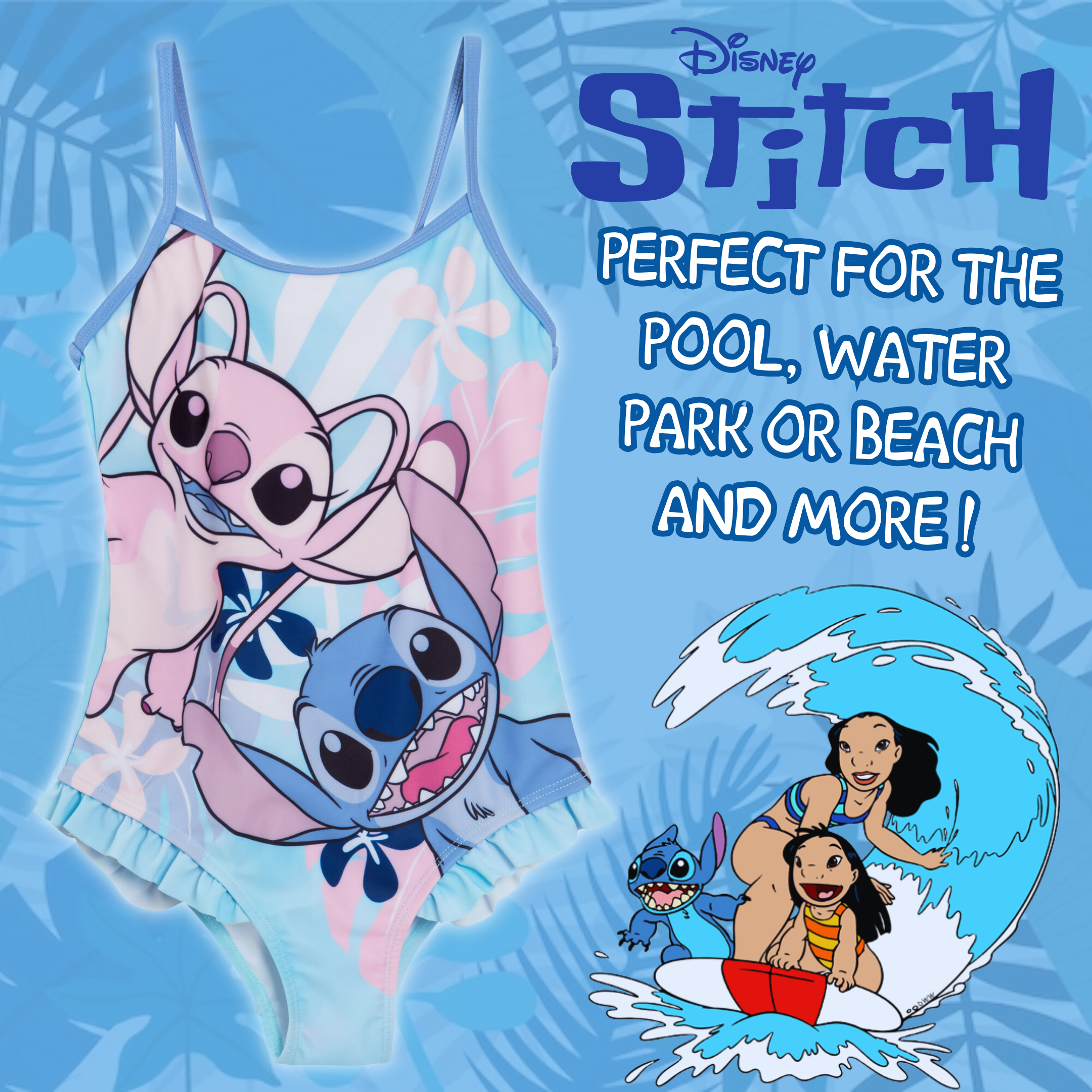 Girls Disney Stitch Swimming Costume Kids Angel Swimwear One Piece Swimsuit Pool