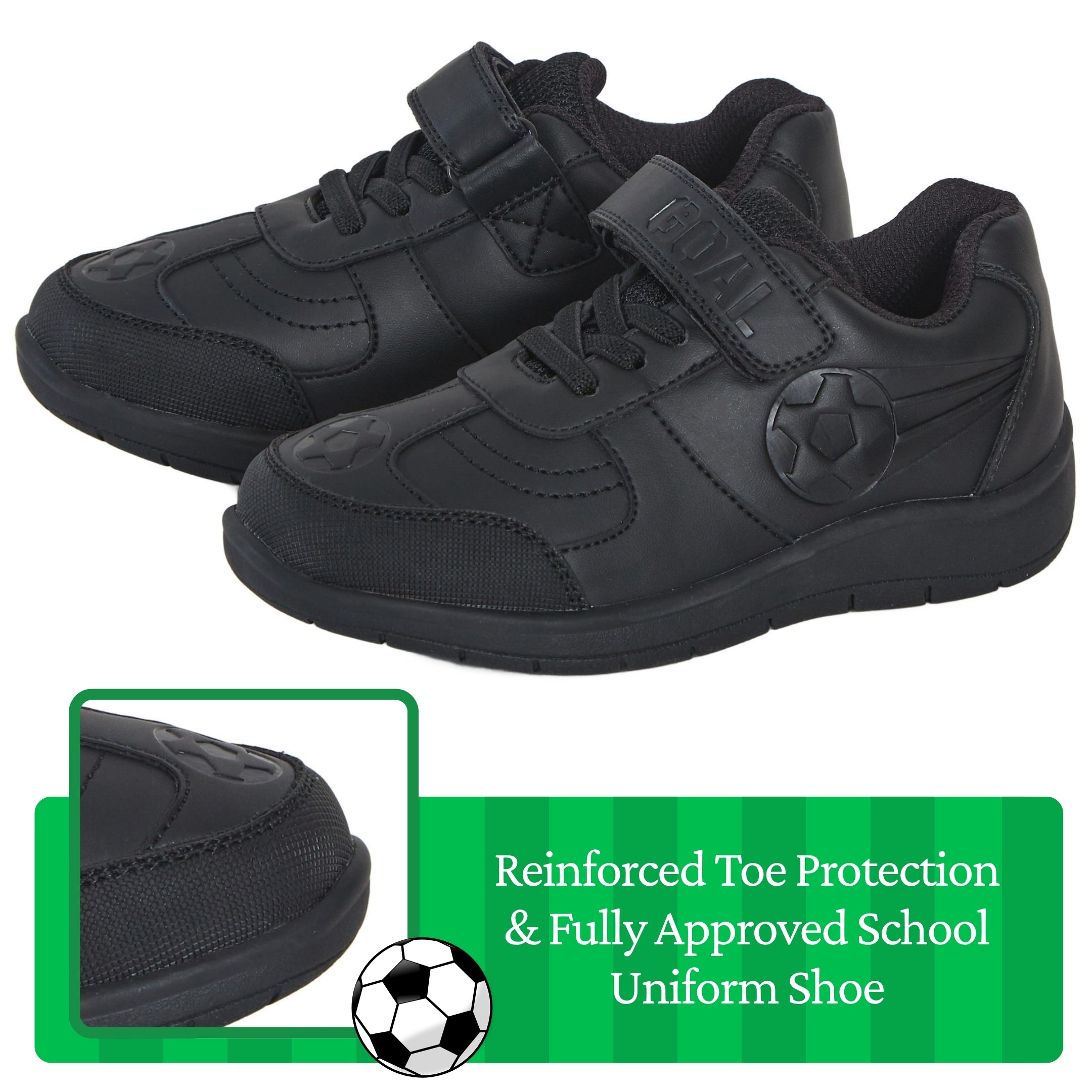 Boys Football School Shoes Kids Black Trainers Shoes Easy Touch Strap Fastening