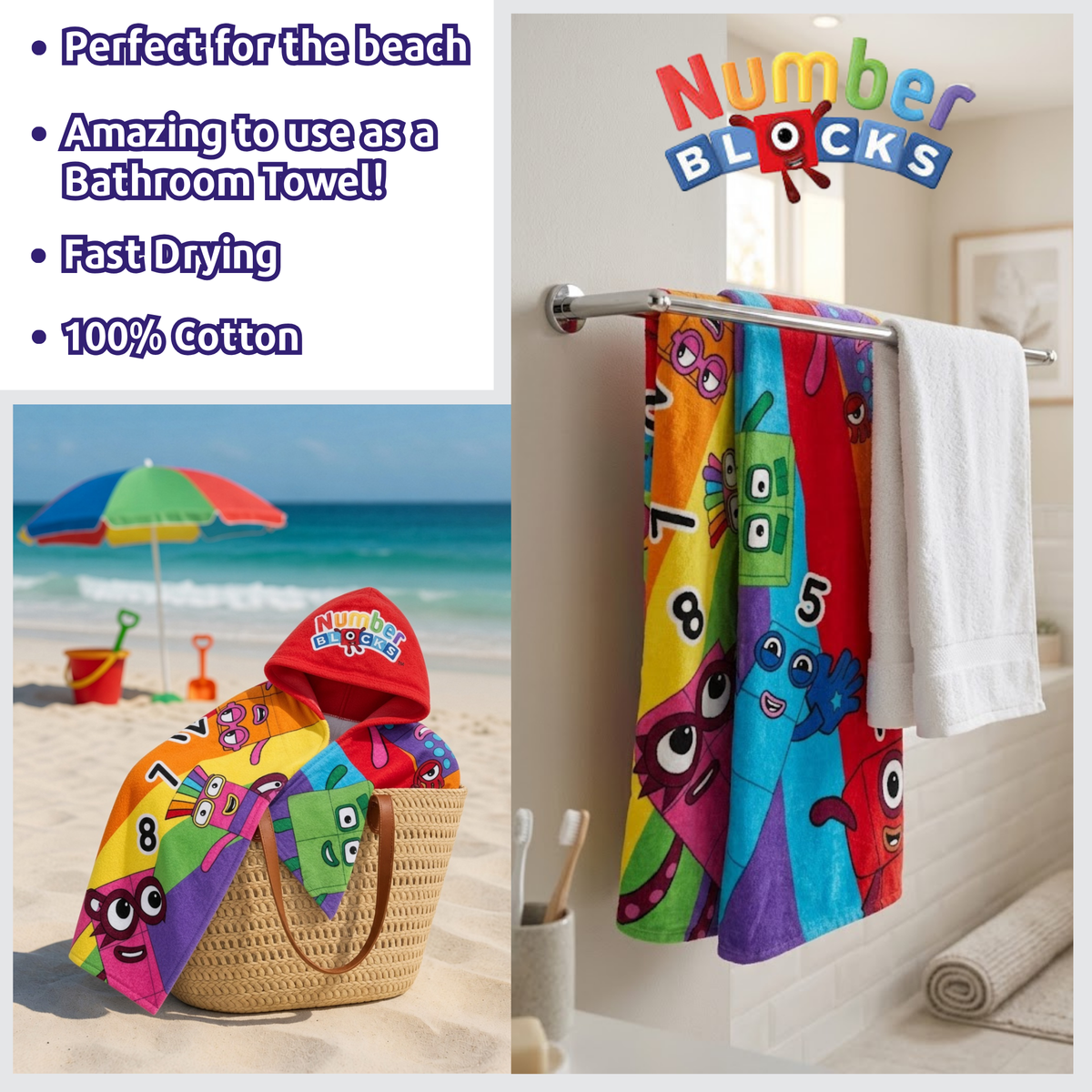 Numberblocks Hooded Towel Kids Poncho Changing Wrap 100% Cotton Beach Towel