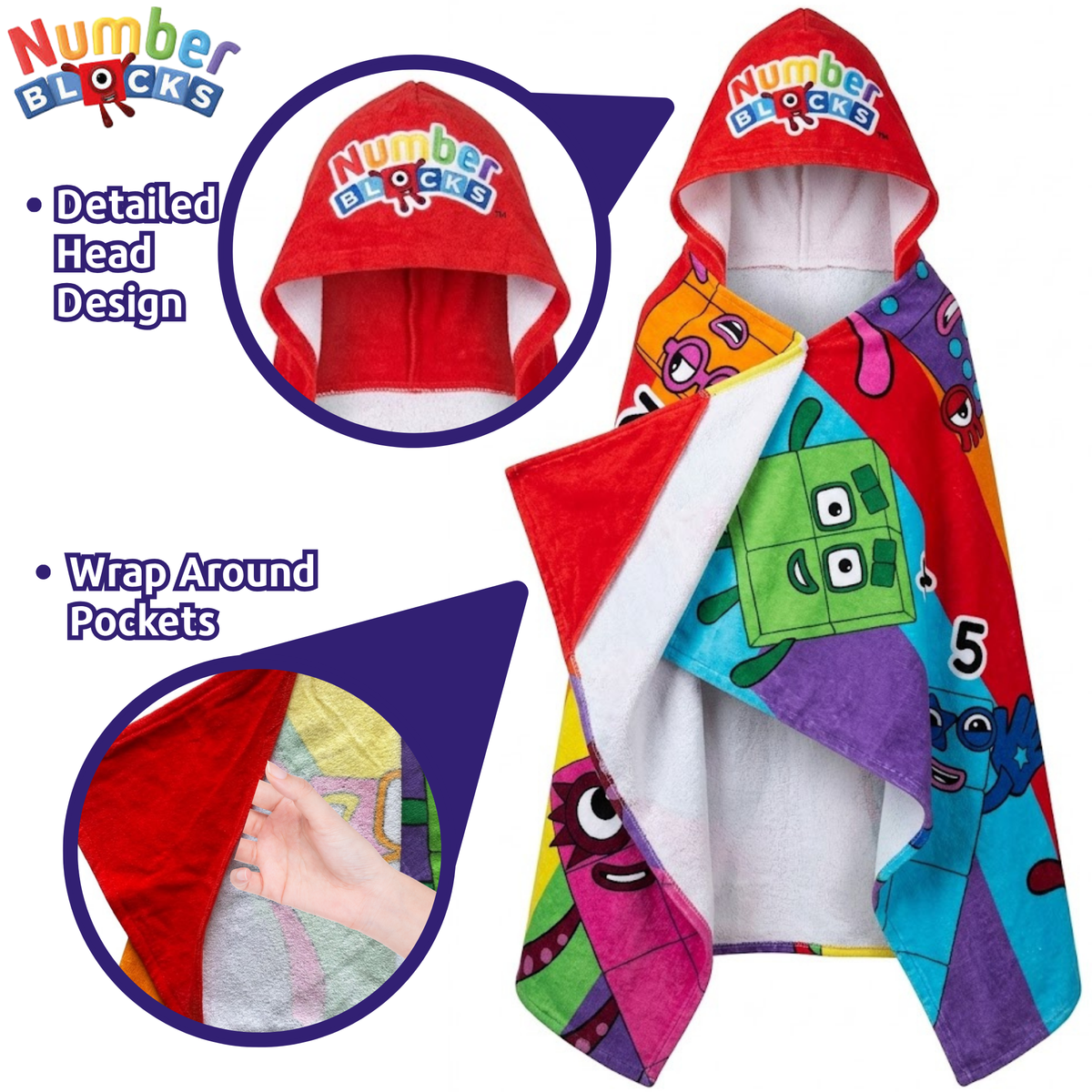 Numberblocks Hooded Towel Kids Poncho Changing Wrap 100% Cotton Beach Towel