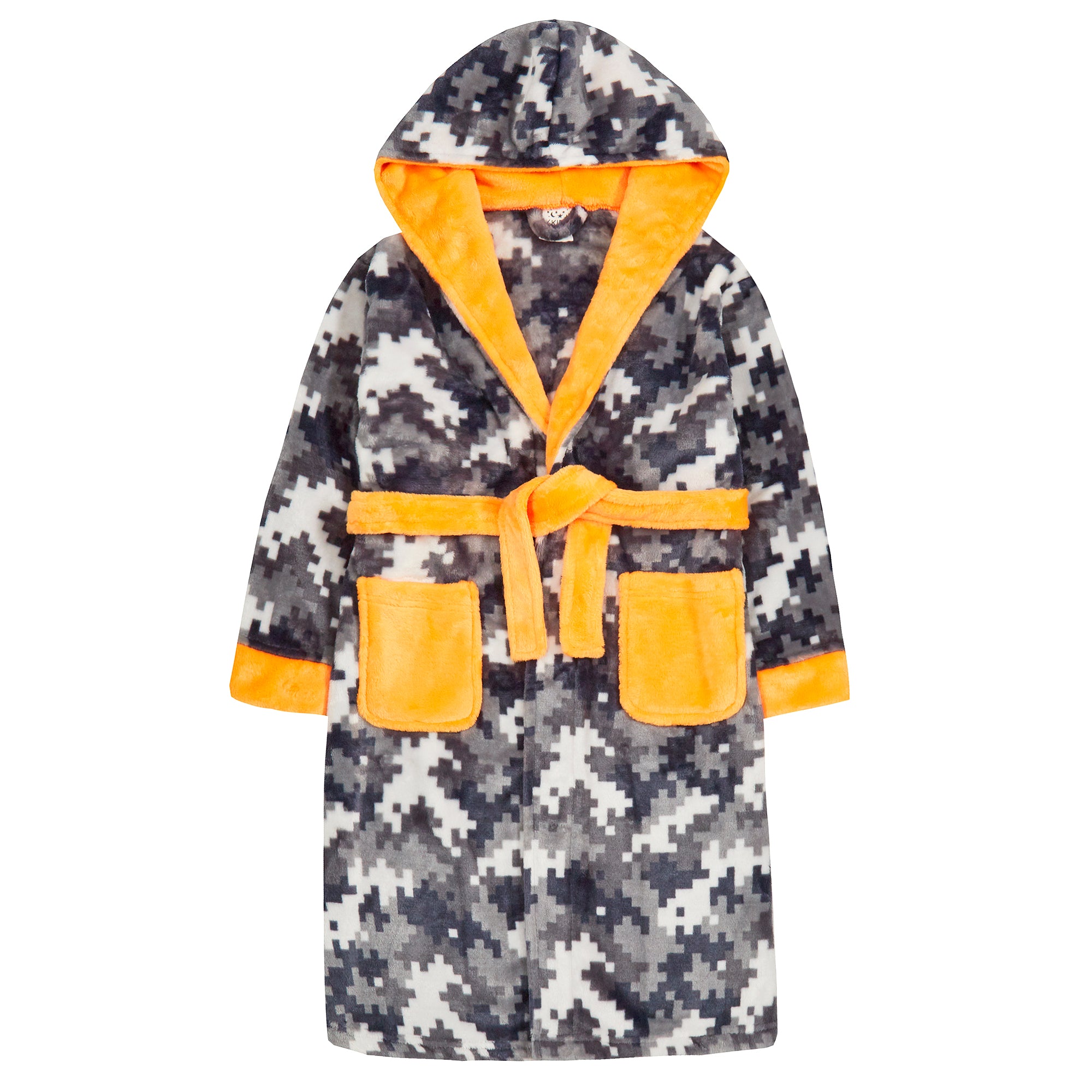 Boys Gaming Pixel Robe Kids Gamer Hooded Fleece Dressing Gown Bathrobe Housecoat